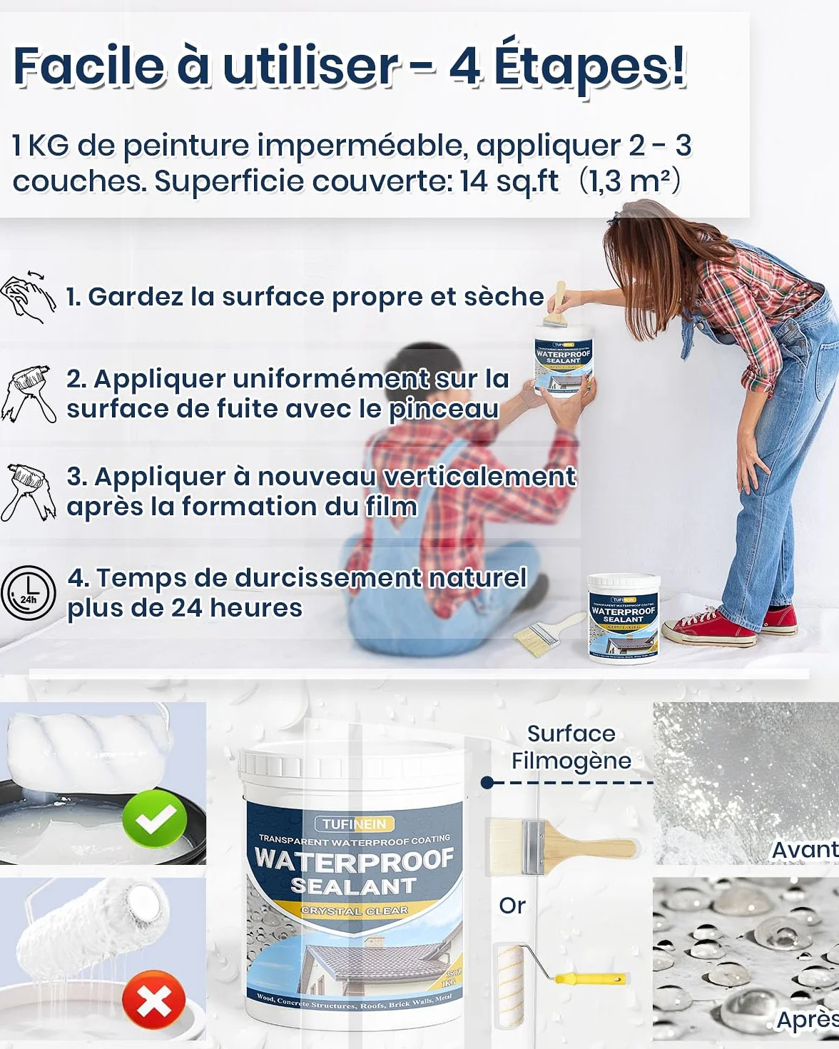 Liquide Étanchéité Transparent 1KG, TUFINEIN Agent de Revetement Impermeable Transparent Intérieure et Extérieure Membrane d'Étanchéité Waterstop Imperméable Transparente