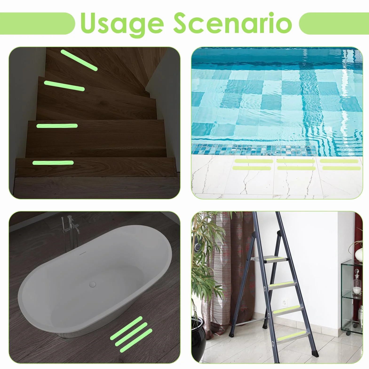 Lot de 24 bandes adhésives antidérapantes phosphorescentes pour marches d'escalier, lits superposés, baignoires, cuisines, piscines - 2 x 20 cm