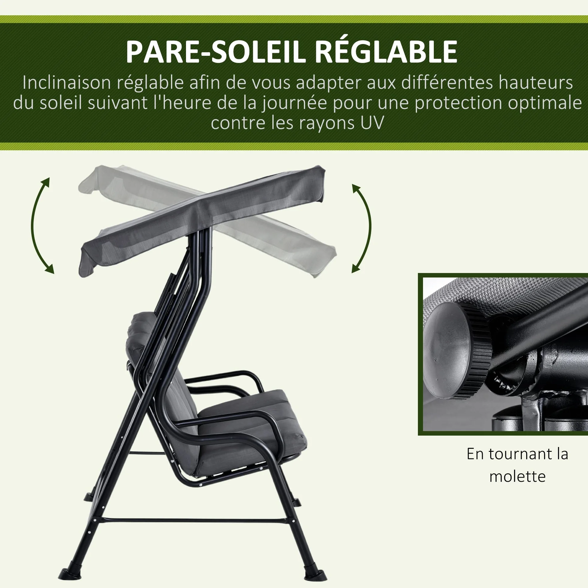 Outsunny Balancelle de Jardin 3 Places Grand Confort Toit Inclinaison réglable Coussins Amovibles Polyester Acier Gris