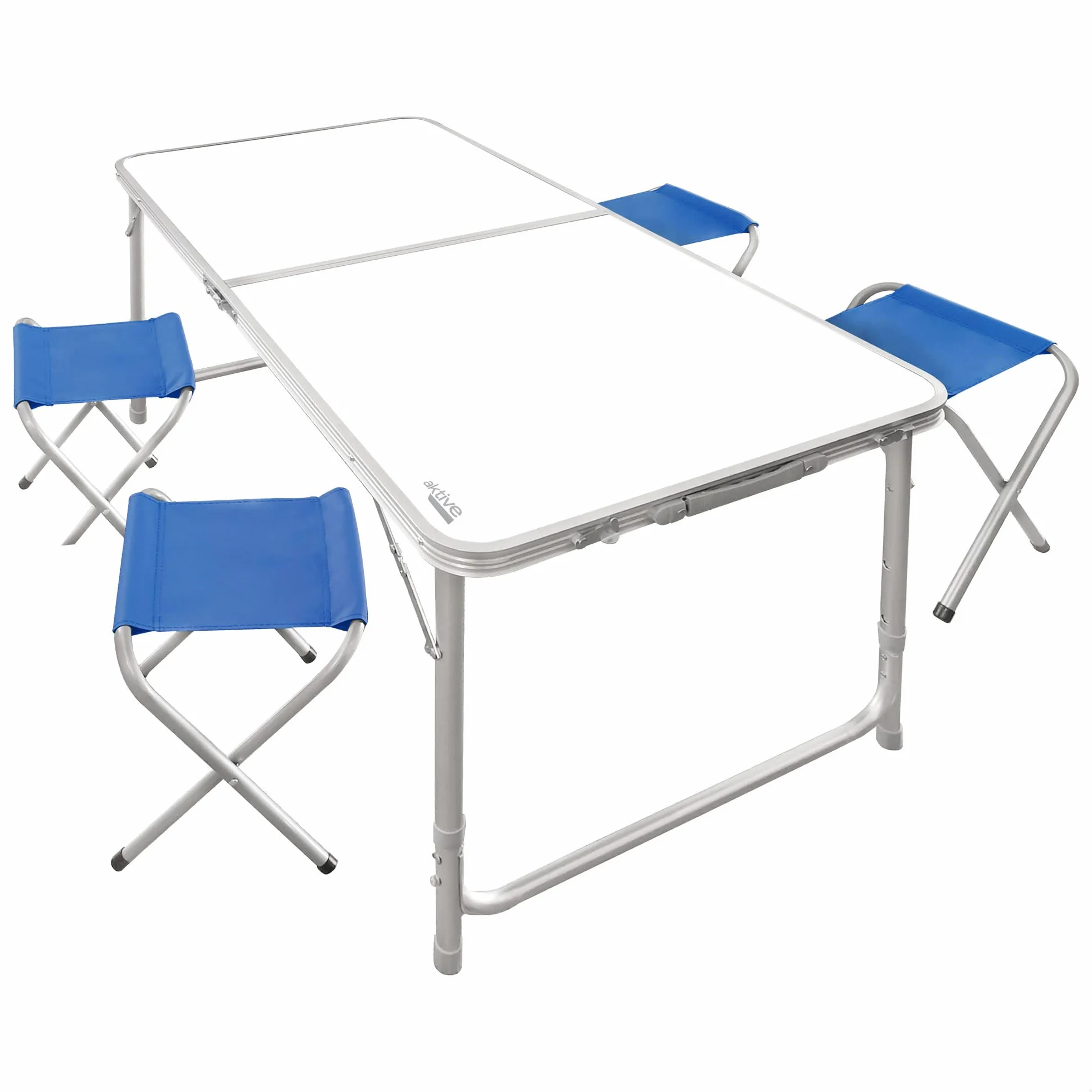 AKTIVE Table Pliante de Camping avec 4 Tabourets et Poignée de Transport, Blanc et Bleu
