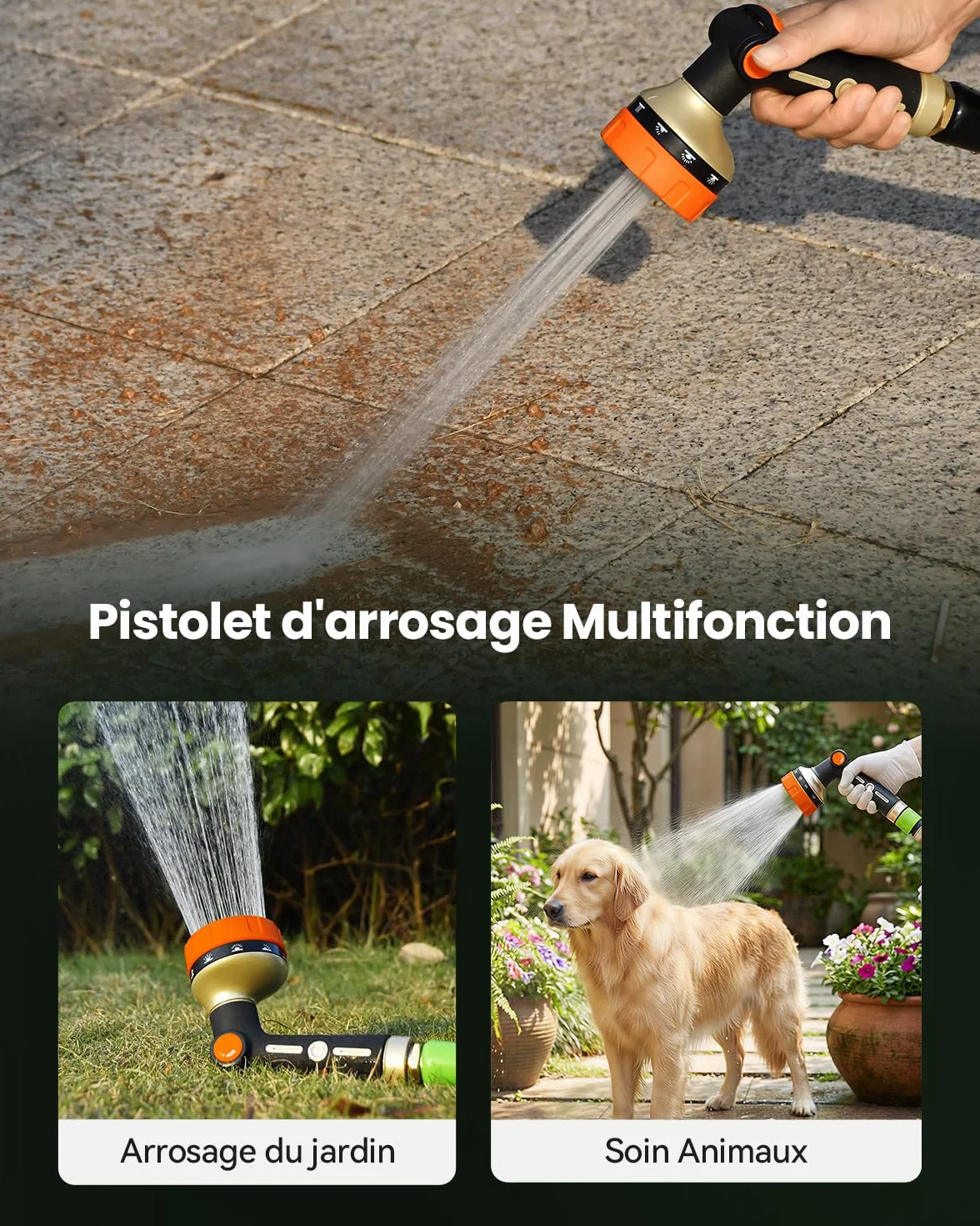 RAINPOINT Pistolet Arrosage Métal Robuste 10 Formes Pulvérisation Contrôle Débit Pouce Jardin Orange