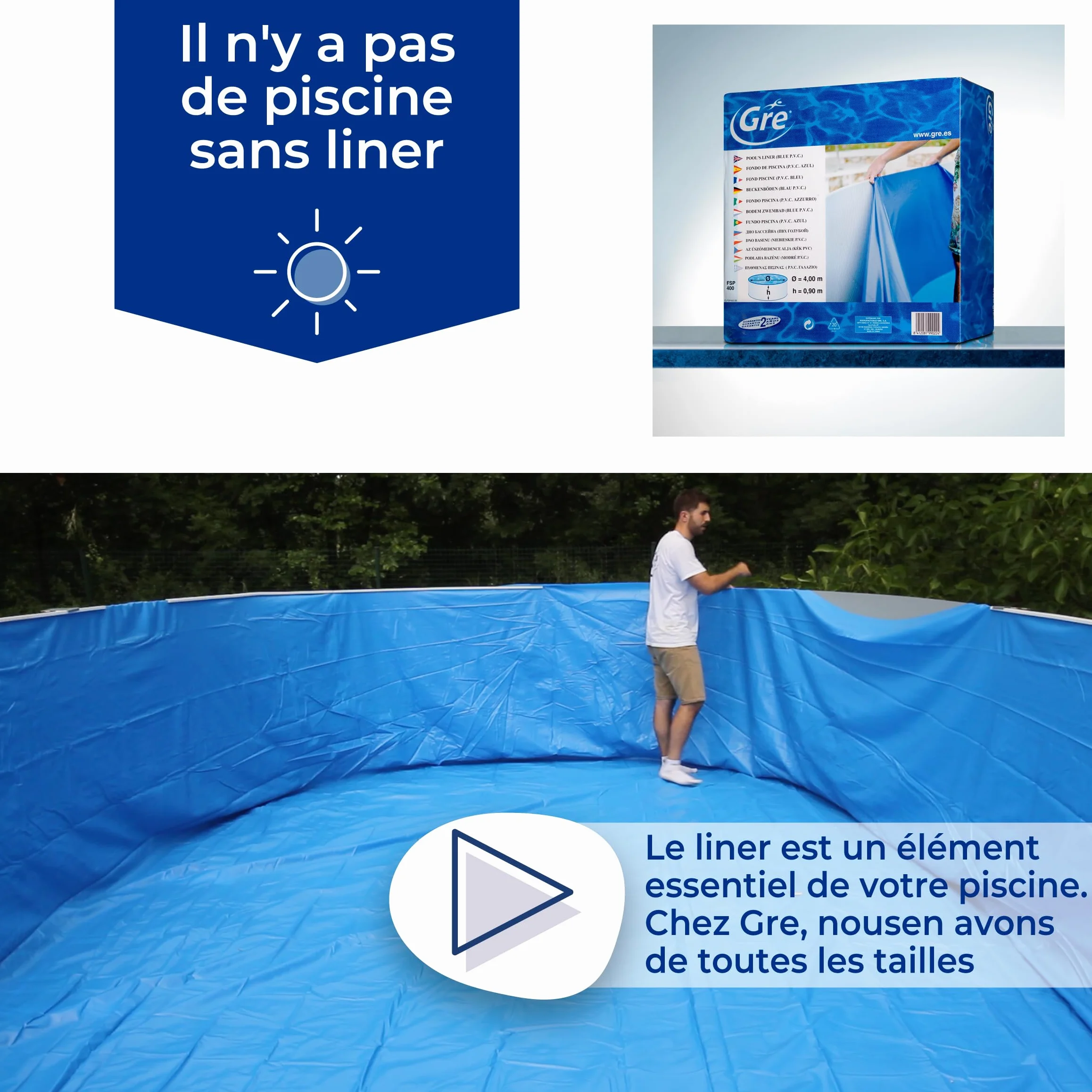 Gre Liner uni Bleu pour piscines ovales 610 x 375 x 132cm épaisseur 40/100e