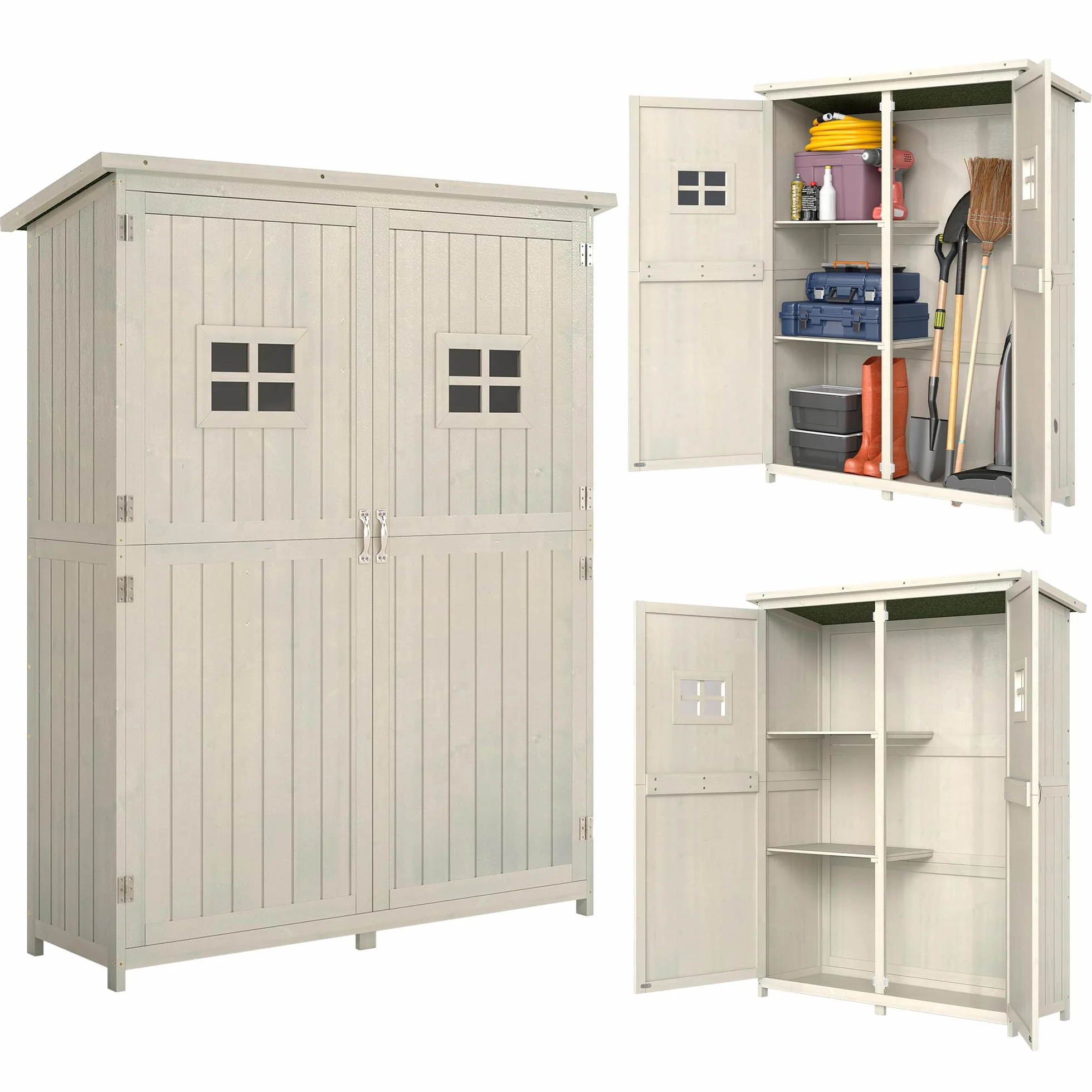 Outsunny Abri de Jardin en Bois Armoire de Jardin 127,5L x 50l x 164H cm 2 étagères 2 Portes Toit bitumé étanche Bois Massif Sapin Gris