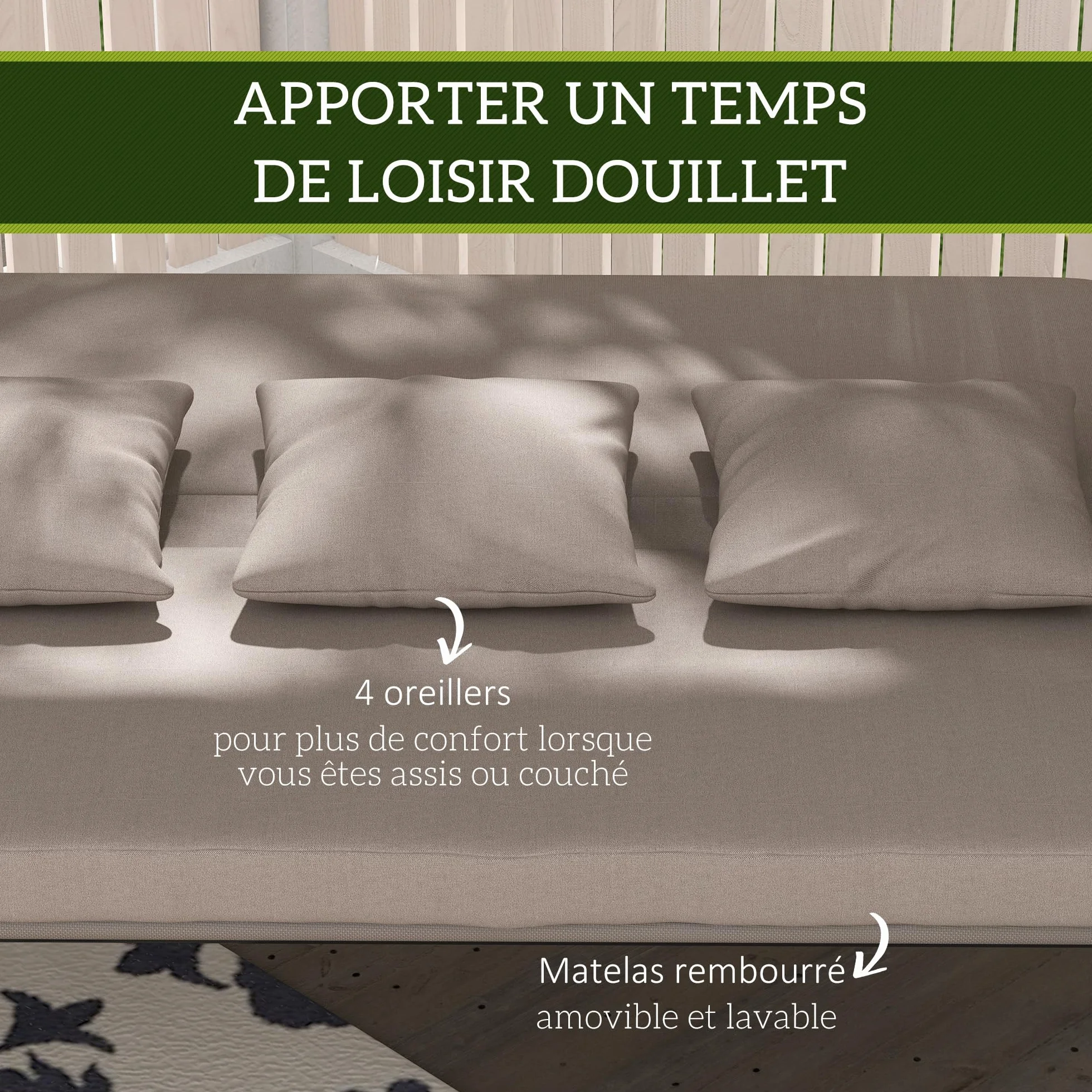 Outsunny Balancelle de Jardin 3 Places Convertible Toit Inclinaison Réglable 218x120x168 cm Marron Clair