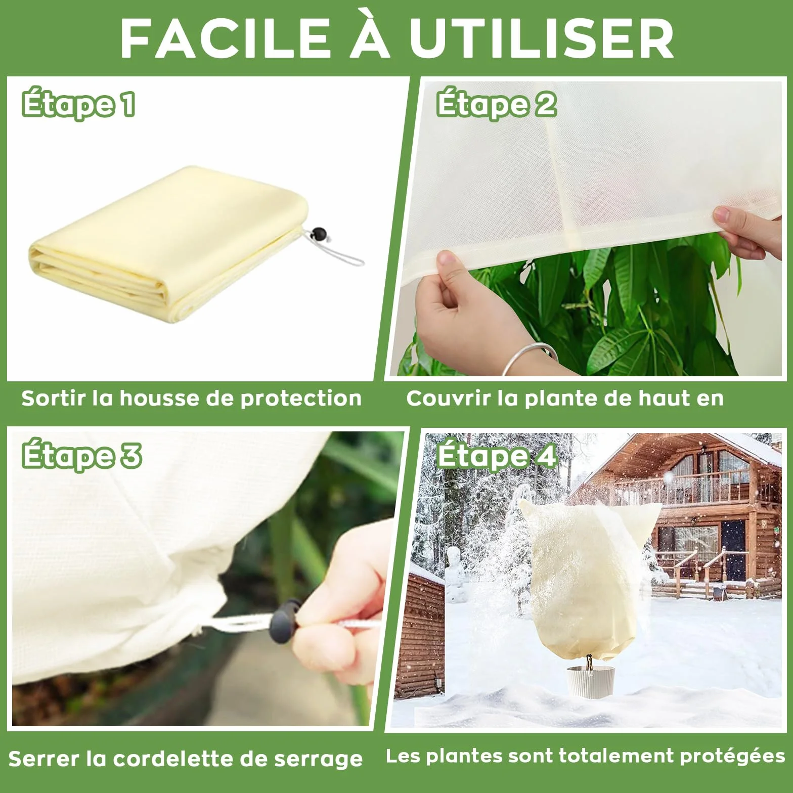 Lot de 4 Housse Hivernage Plante 80g/m² 60x80cm Anti-Gel Réutilisable