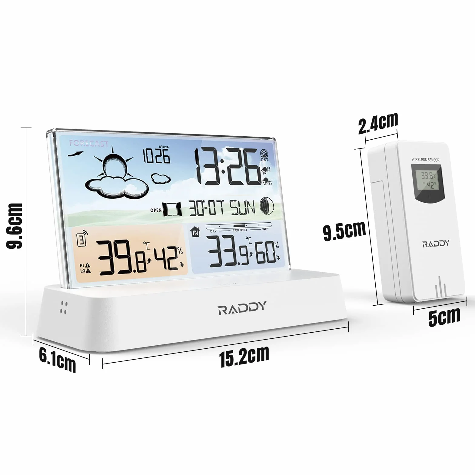 Raddy DT6 Station météo sans fil avec horloge radio-pilotée DCF, écran couleur numérique, thermomètre hygromètre, prévisions météo et baromètre