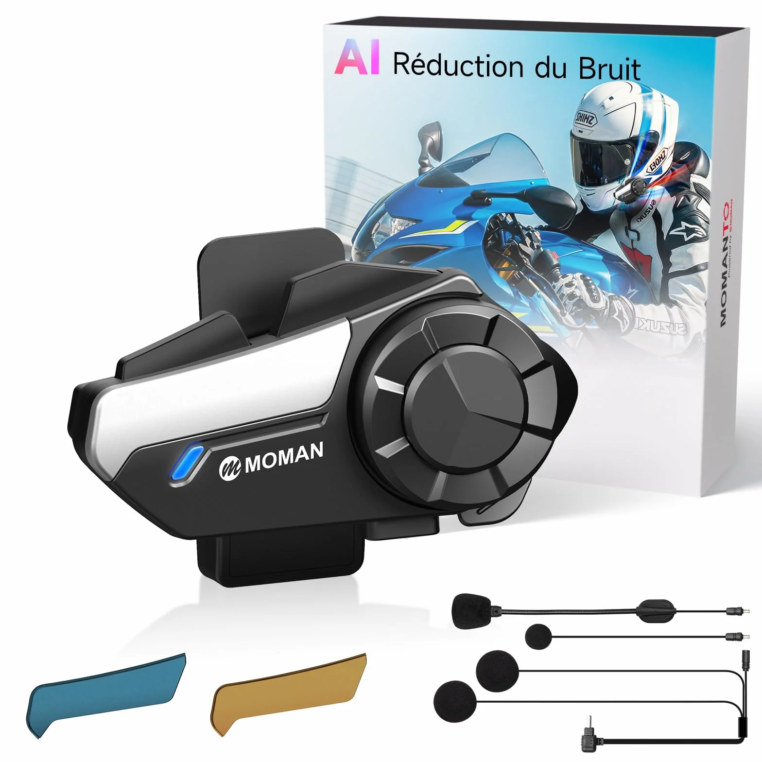 Moman H2S Intercom Moto - Audio-Multitâche, Communication Système 1000M ENC&DSP&CVC Réduction de Bruit Kit Main Libre Moto Hi-FI Stéréo Partage de Musique FM Commandes Vocales IA IPX6 Étanche,1 Unité