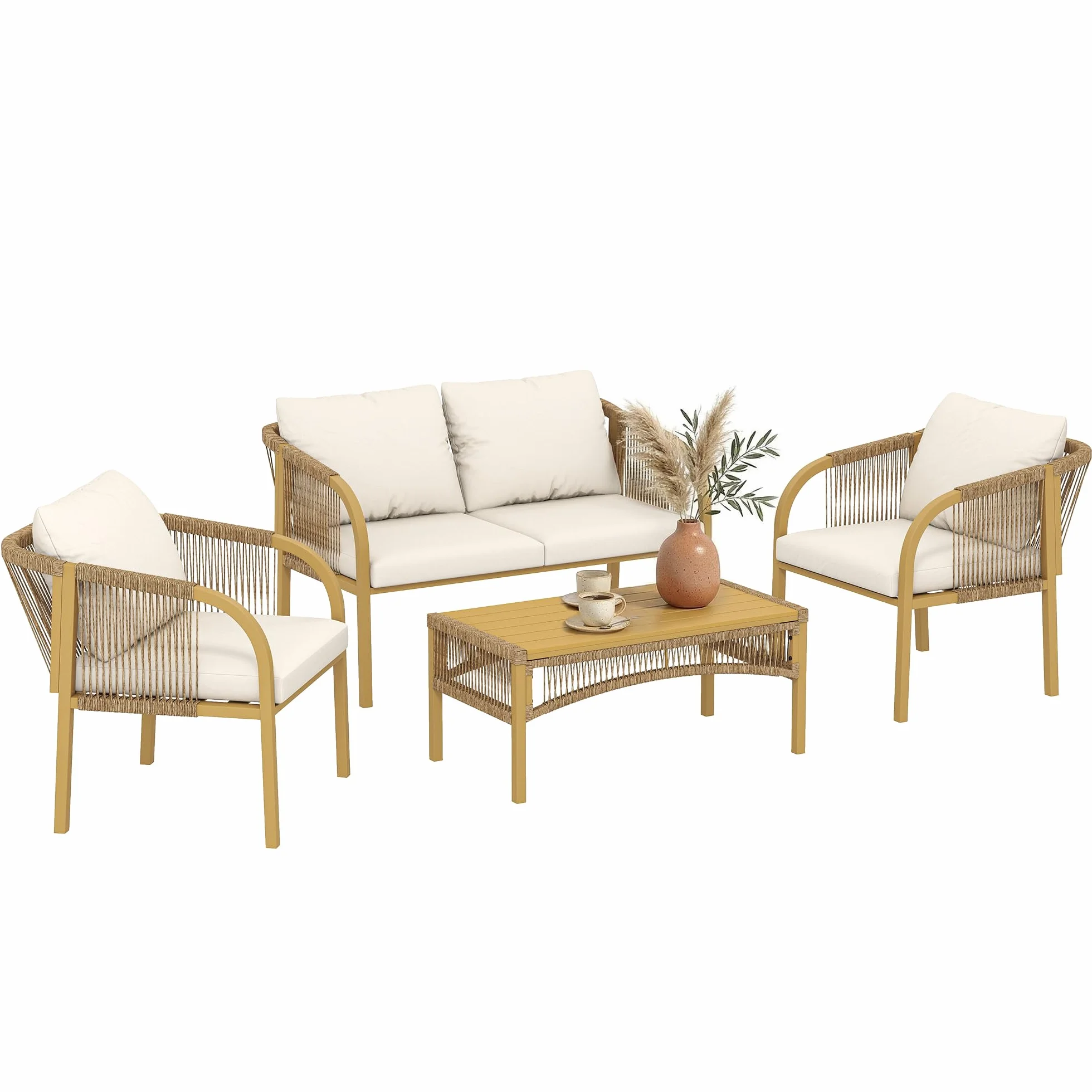 Outsunny Salon de Jardin Extérieur Résine Tressée 4 Pièces Canapé 2 Places Fauteuils Table Basse Coussins Déhoussables Plateau Acier Kaki