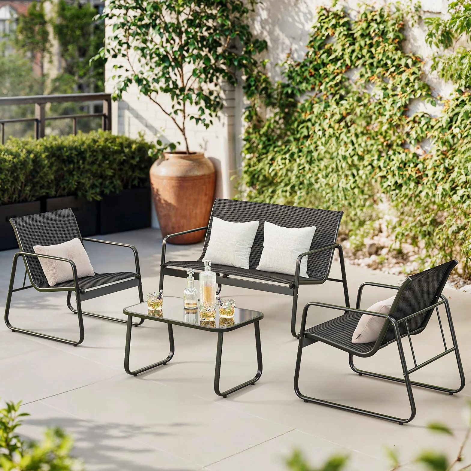 Bealife Ensemble de Meubles de Jardin 4 Pièces Salon de Jardin Métal Textilène 3 Fauteuils Table Verre Noir