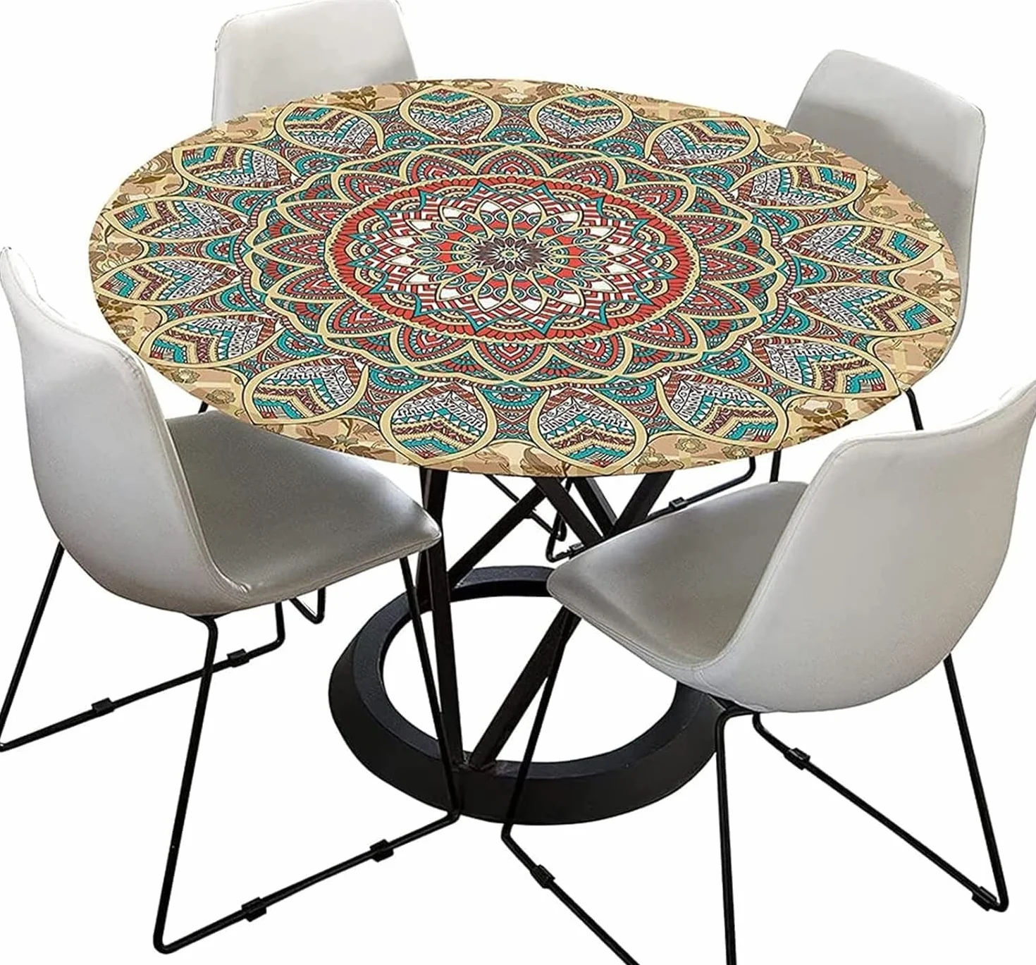 FANSU Nappe Ronde Imperméable 120 cm Mandala Polyester Anti Taches Lavable pour Table 100-110cm