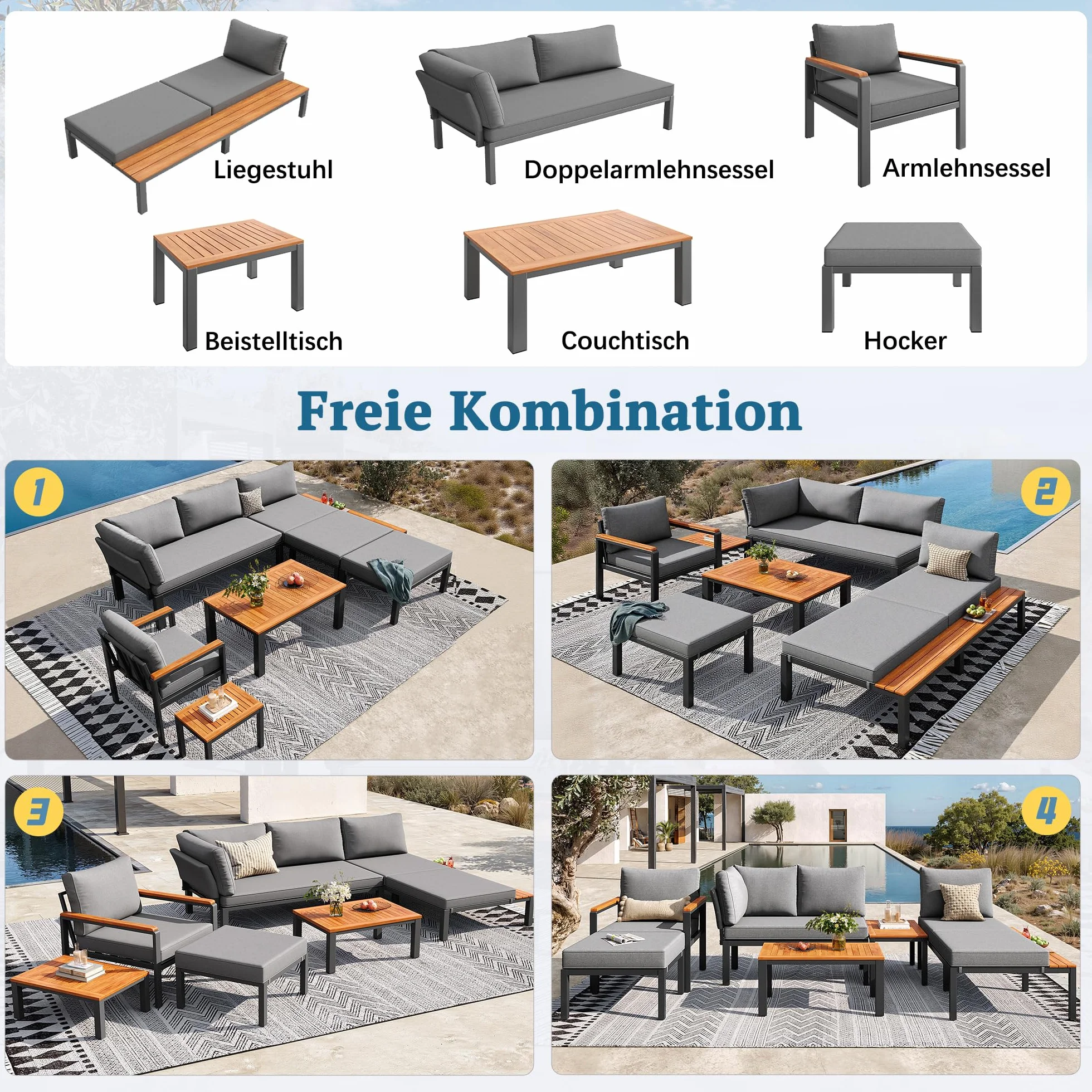 Ensemble de Meubles de Jardin pour 8 Personnes, Table en Bois, Canapé d'Extérieur Gris
