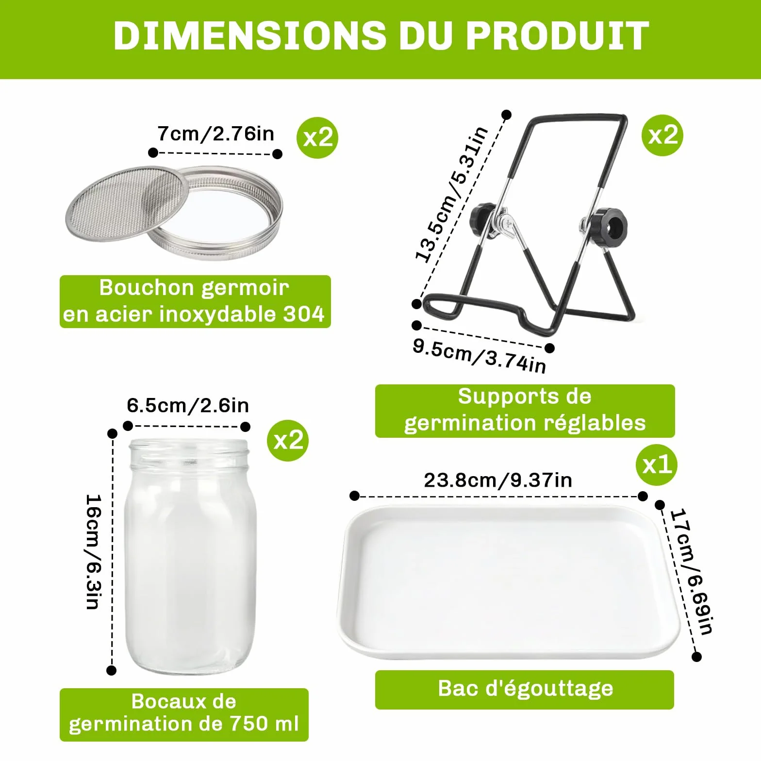 Bocal de Germination 2x750ml Germoir en Verre avec Couvercle Acier Inoxydable et Support