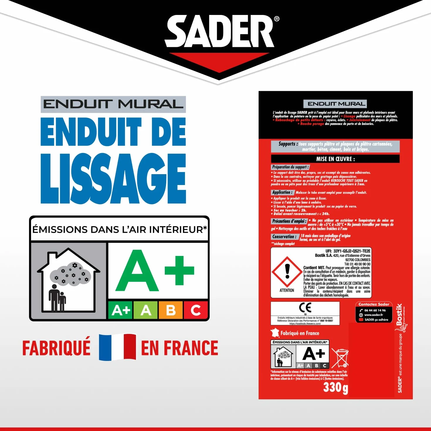 Sader Enduit de Lissage Prêt à l'Emploi en Pâte – Enduit Mur Intérieur et Plafond – Utilisable comme Joint Plaque de Plâtre, Rebouche Trou Jusqu'à 2 mm et Bouche Pore Bois – Blanc – Tube 330 g