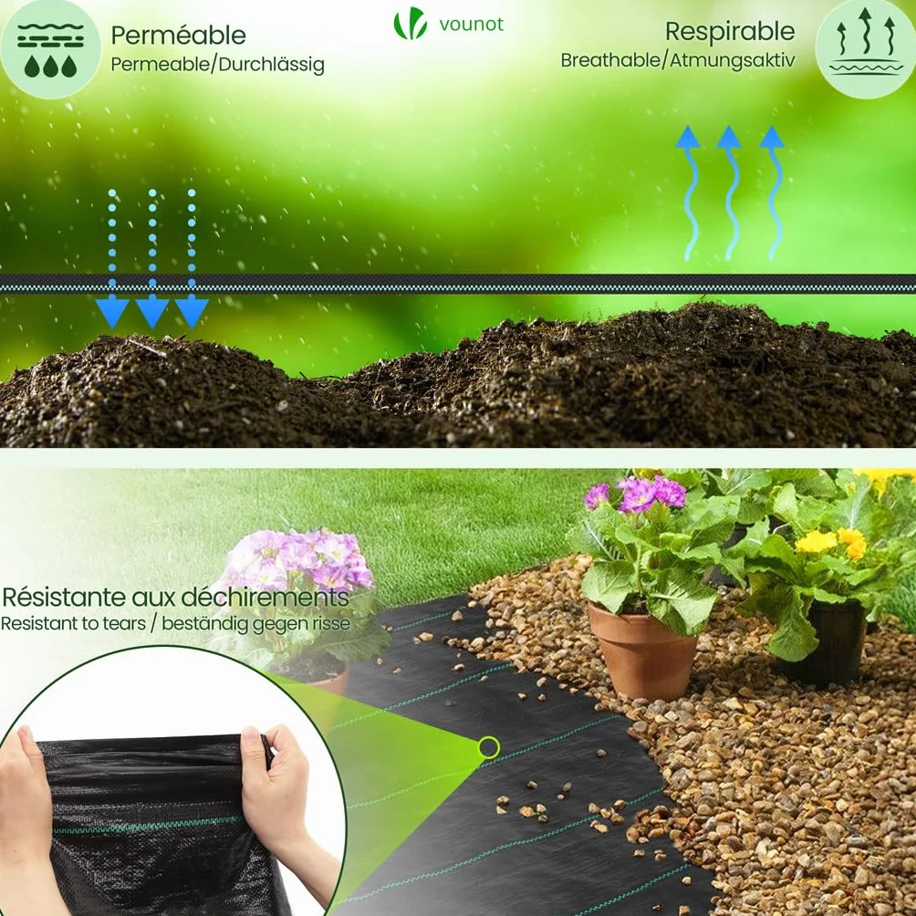 VOUNOT® Toile de Paillage 2Mx25M Géotextile Anti-UV 100g/m2 Fibres de Polypropylène Tissées