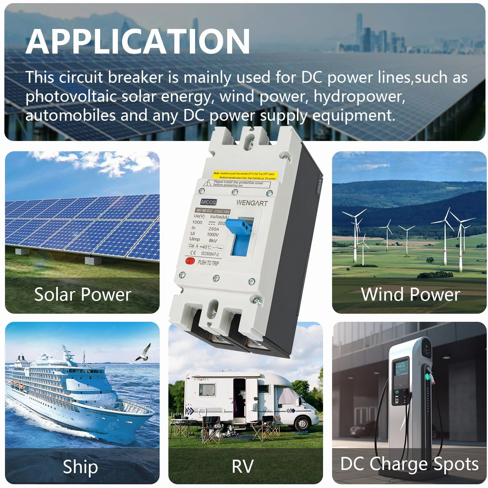 Wengart Disjoncteur Boîtier Moulé DC 250A - WGM3DC-250 - DC 1000V (2 Pôles) - Haute Performance pour Systèmes Photovoltaïques et Réseaux Ferroviaires - Pouvoir de Coupure Renforcé