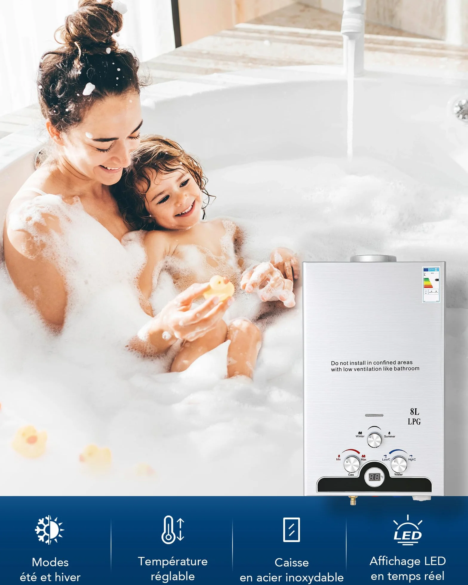 CO-Z Chauffe-Eau à Gaz Instantané 8LPM 13,6kW LPG GPL Acier Inoxydable CE Portable Maison Camping Caravane