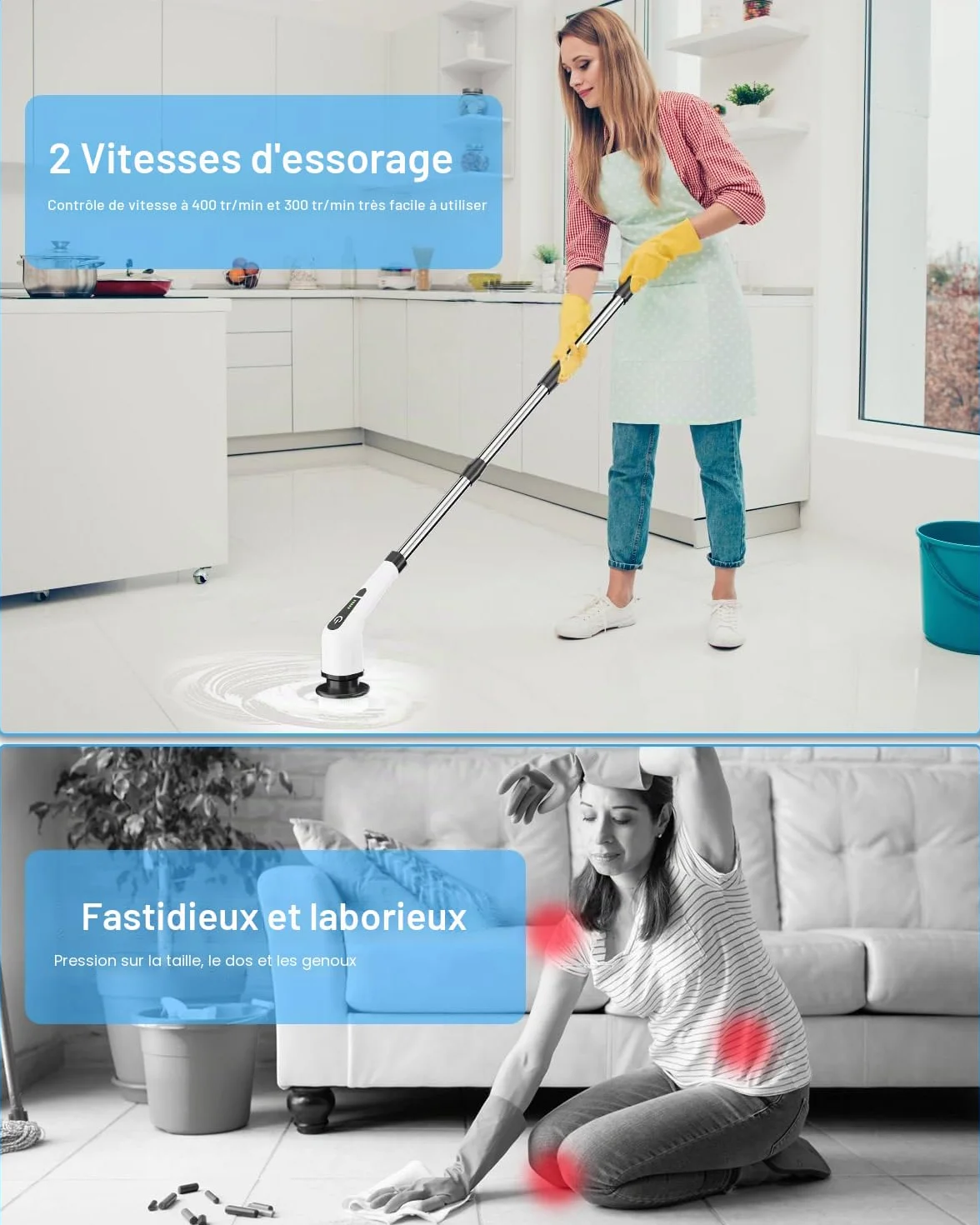 Brosse Electrique Nettoyage Rotative, Brosse de Nettoyage sans Fil avec 8 Têtes de Brosse Remplaçables, Electric Spin Scrubber avec Poignée Réglable de 137cm pour Salle de Bain Cuisine Voiture