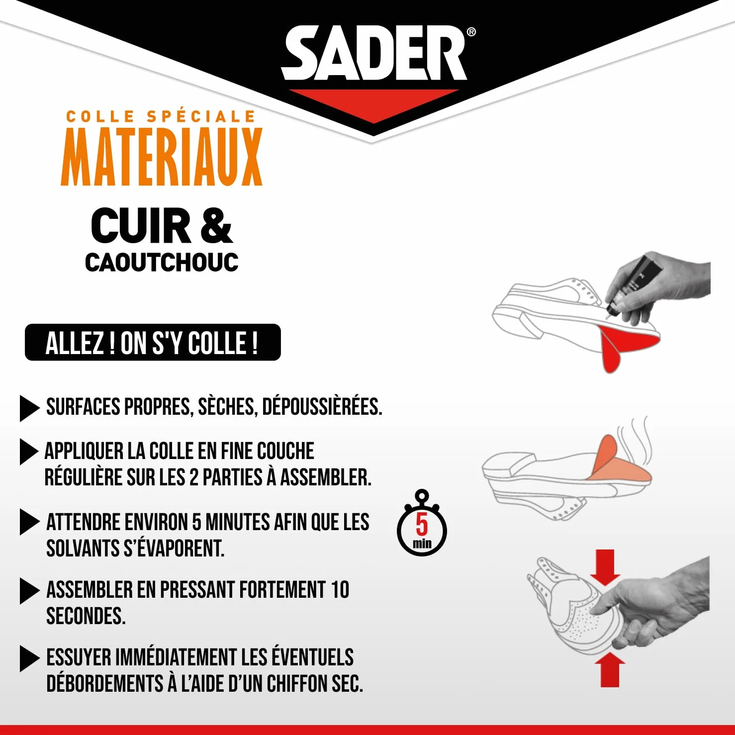 Sader Cuir et Caoutchouc – Colle Contact Type Néoprène – Prise Immédiate – Haute Résistance à l'Humidité et à la Chaleur – Formule Gel – Tube 30 ml