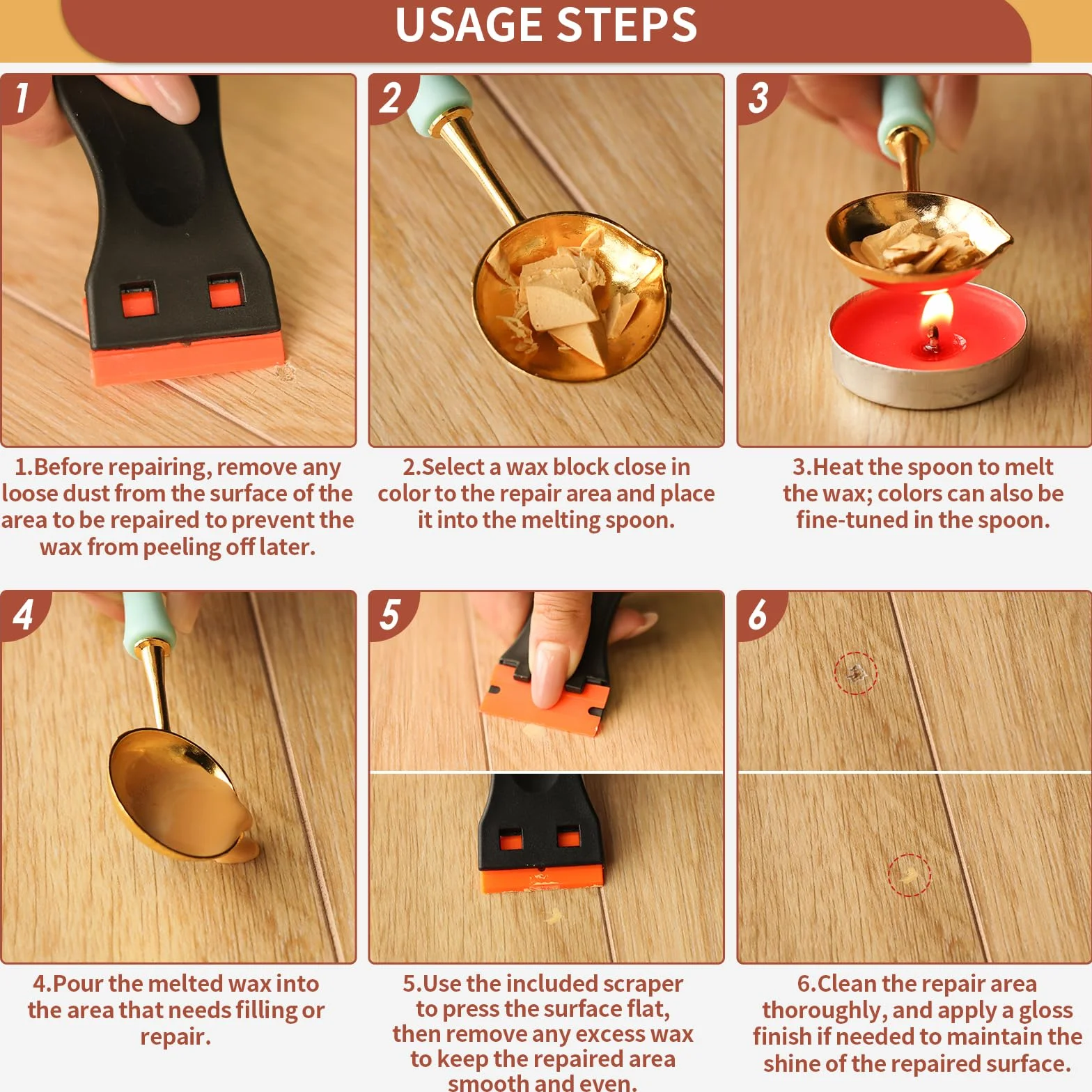 Kit Reparation Parquet 8 Couleurs Brun, Pate a Bois, Pate a Bois Rebouchage, Pâte à Bois, Parquet Stratifié pour Réparer les Rayures, Fissures et Trous sur le Stratifié et le Bois