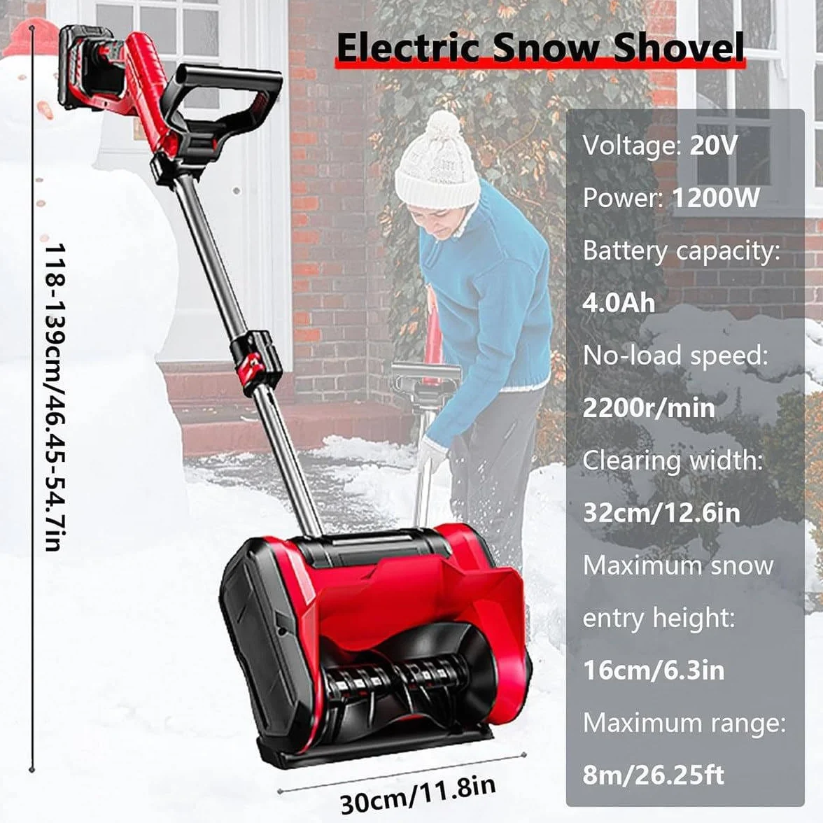 Souffleuse à Neige 1200W sans Fil 20V Batterie, Largeur 32cm, Hauteur 16cm, Distance 8m