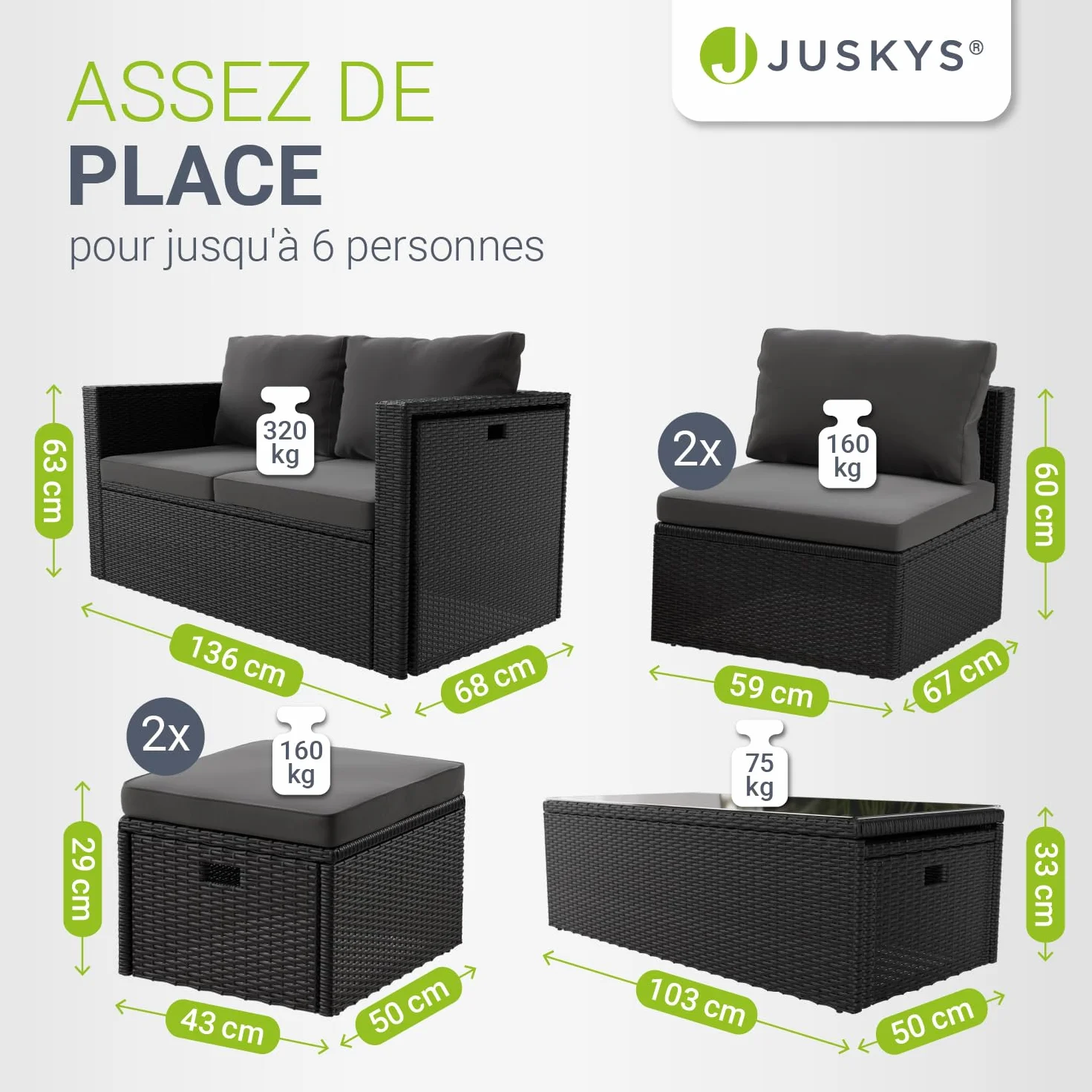 Juskys Salon de Jardin Salou polyrotin pour 6 Personnes Noir résistant aux intempéries