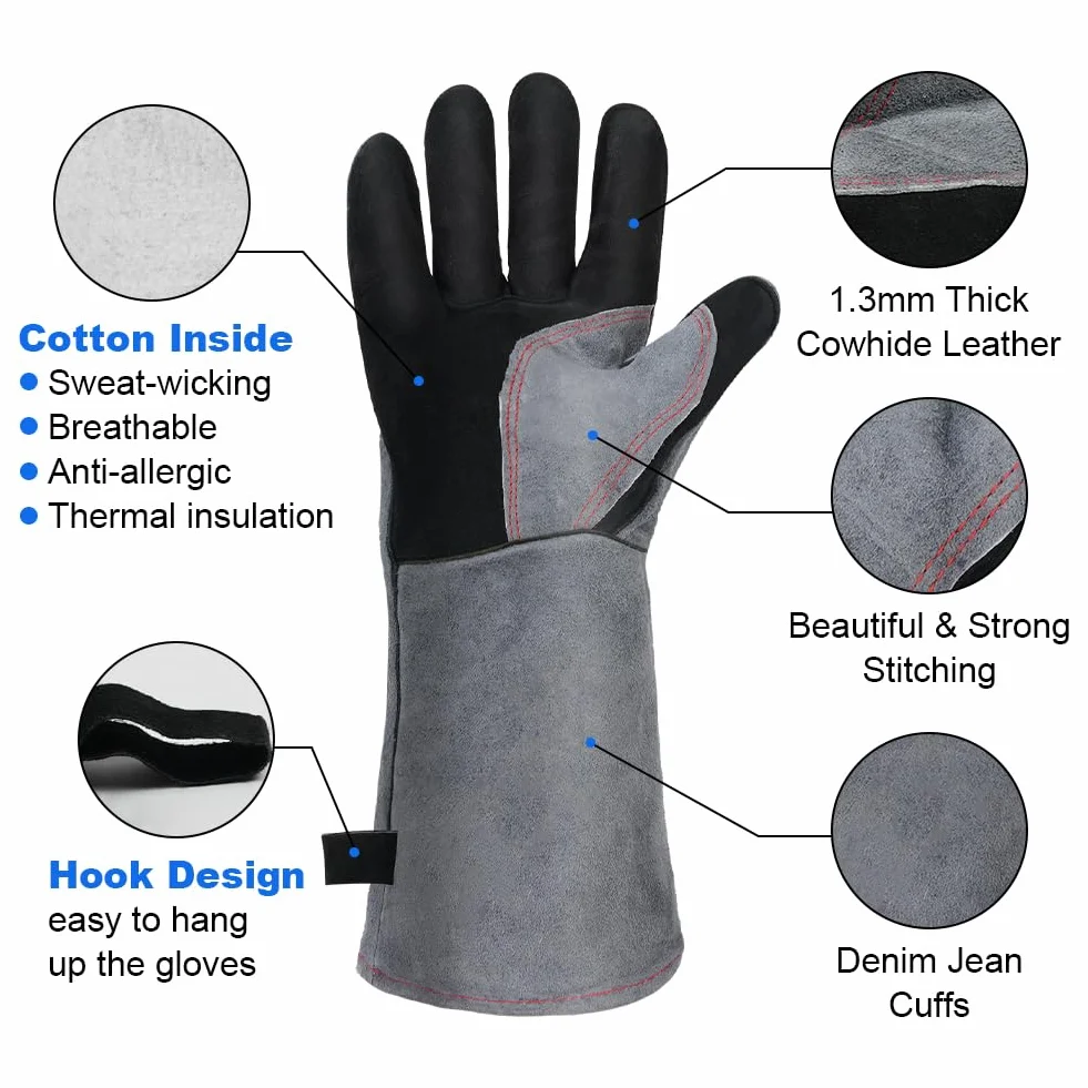 Gants de Barbecue en Cuir Anti Chaleur Épaississement Résistant au Feu pour Four Soudure Cheminée Jardinage Gris