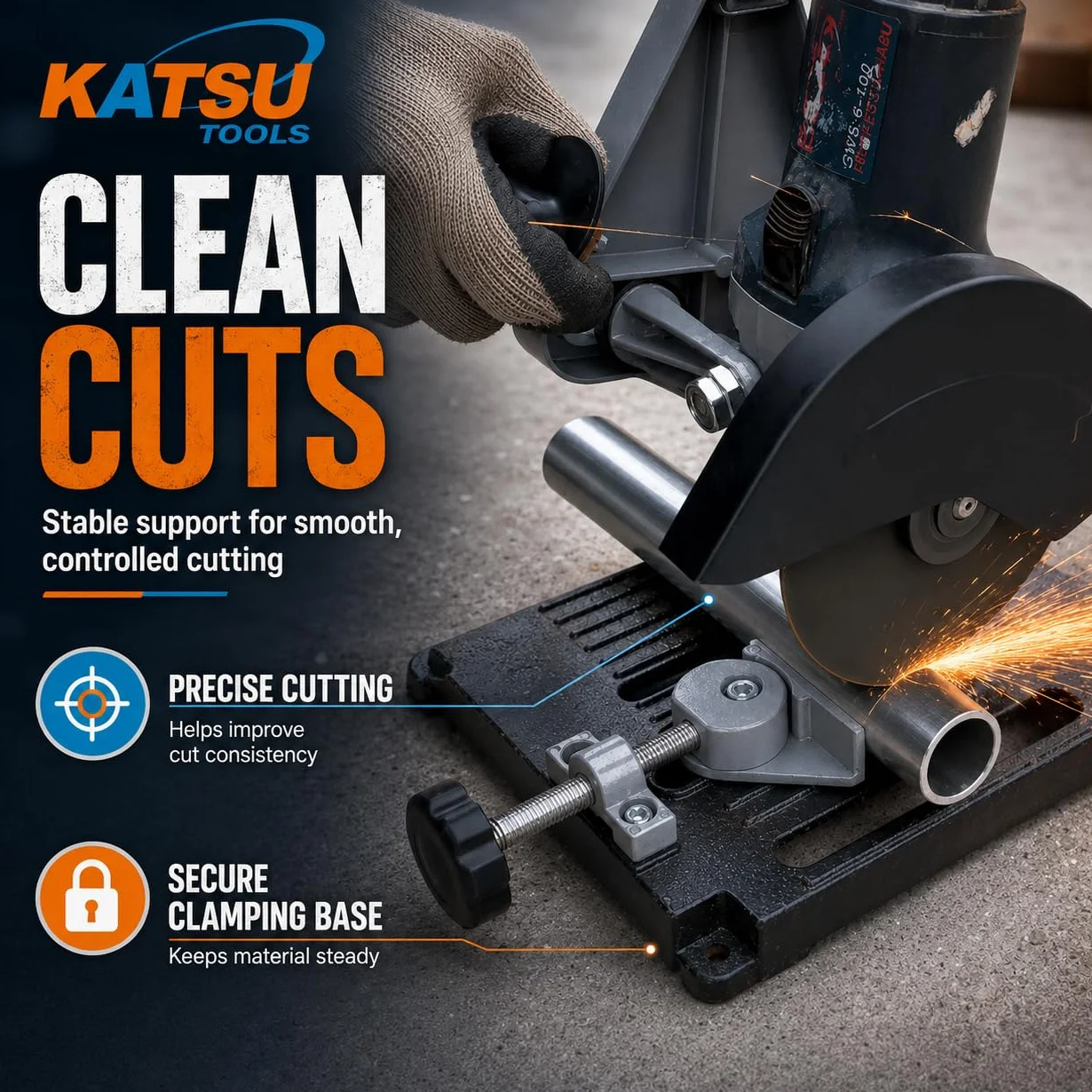KATSU Support pour Meuleuse d'Angle - Ø 100mm à 125mm Base en Fonte Robuste de Support de Tronçonnage pour Meuleuse électrique avec 11 Disques de Coupe en Bois et en Acier 105422