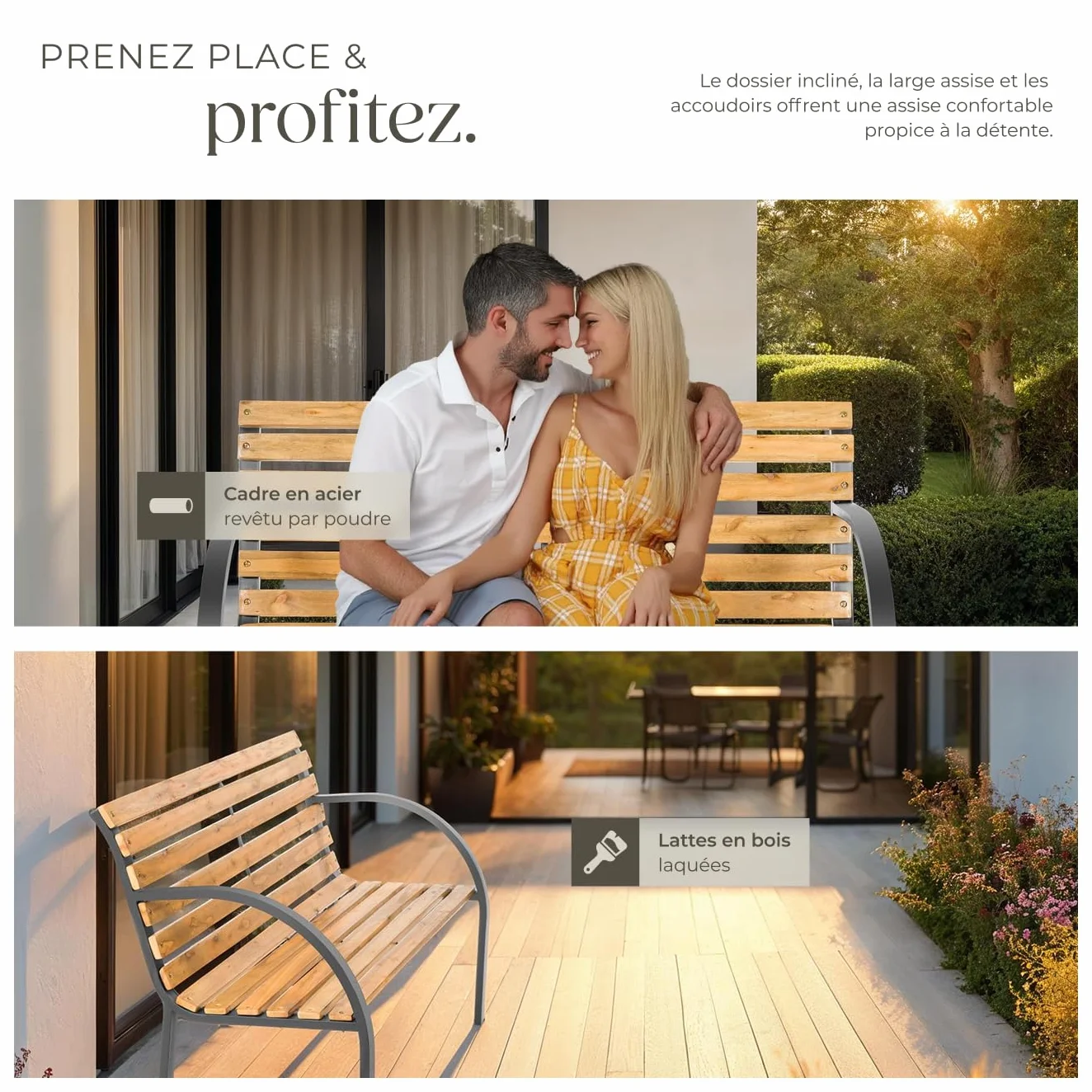 Tectake Banc de Jardin Solide en Bois Naturel laqué et Acier, Banquette de Jardin Noir Résistant aux intempéries