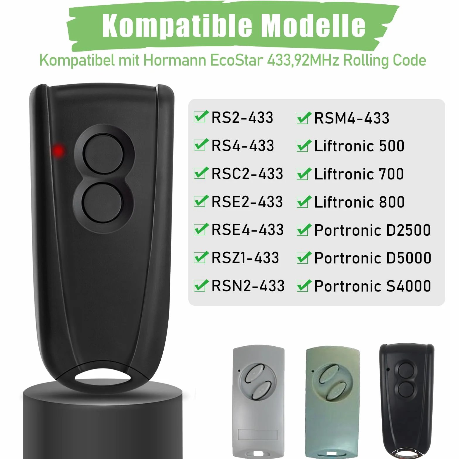 pepape Télécommande Portail Garage pour EcoStar RSC2-433 RSE2-433 RSZ1-433, Compatible avec Hormann Ecostar Liftronic/TUBAUTO EuroPro 500/700/800 Portronic D2500/D5000/S4000, 2 Pièces
