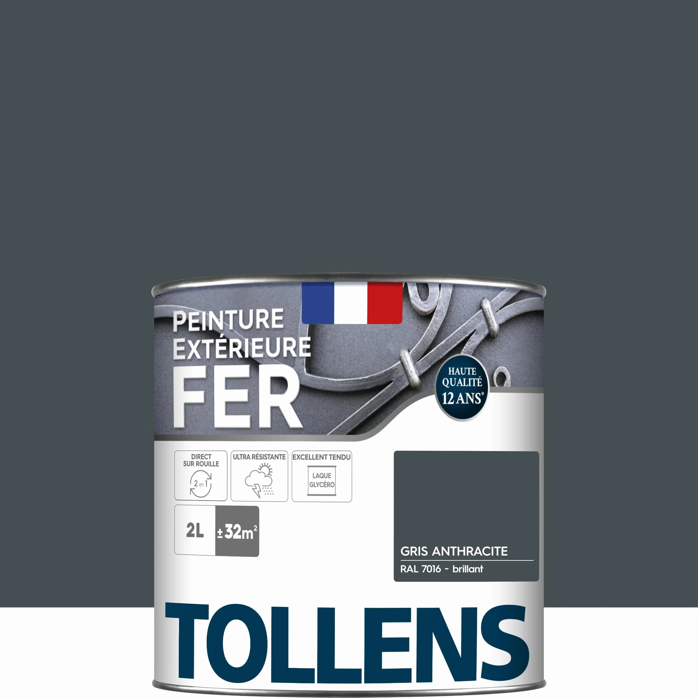 Tollens - Peinture extérieure fer 2 en 1 - Ultra Résistante - Protection antirouille - Laque Riche en Résine - Sans Sous-Couche - Entretien Facile - Brillant - Gris Anthracite - 2L = 32m2