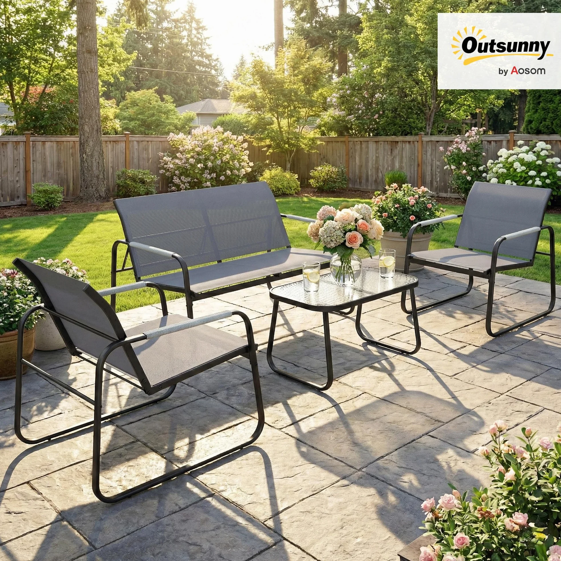 Outsunny Salon de Jardin 4 Pièces Acier Textilène Ensemble Terrasse Accoudoirs Corde Tressée Canapé 2 Places Fauteuils Table Basse Verre Trempé Gris