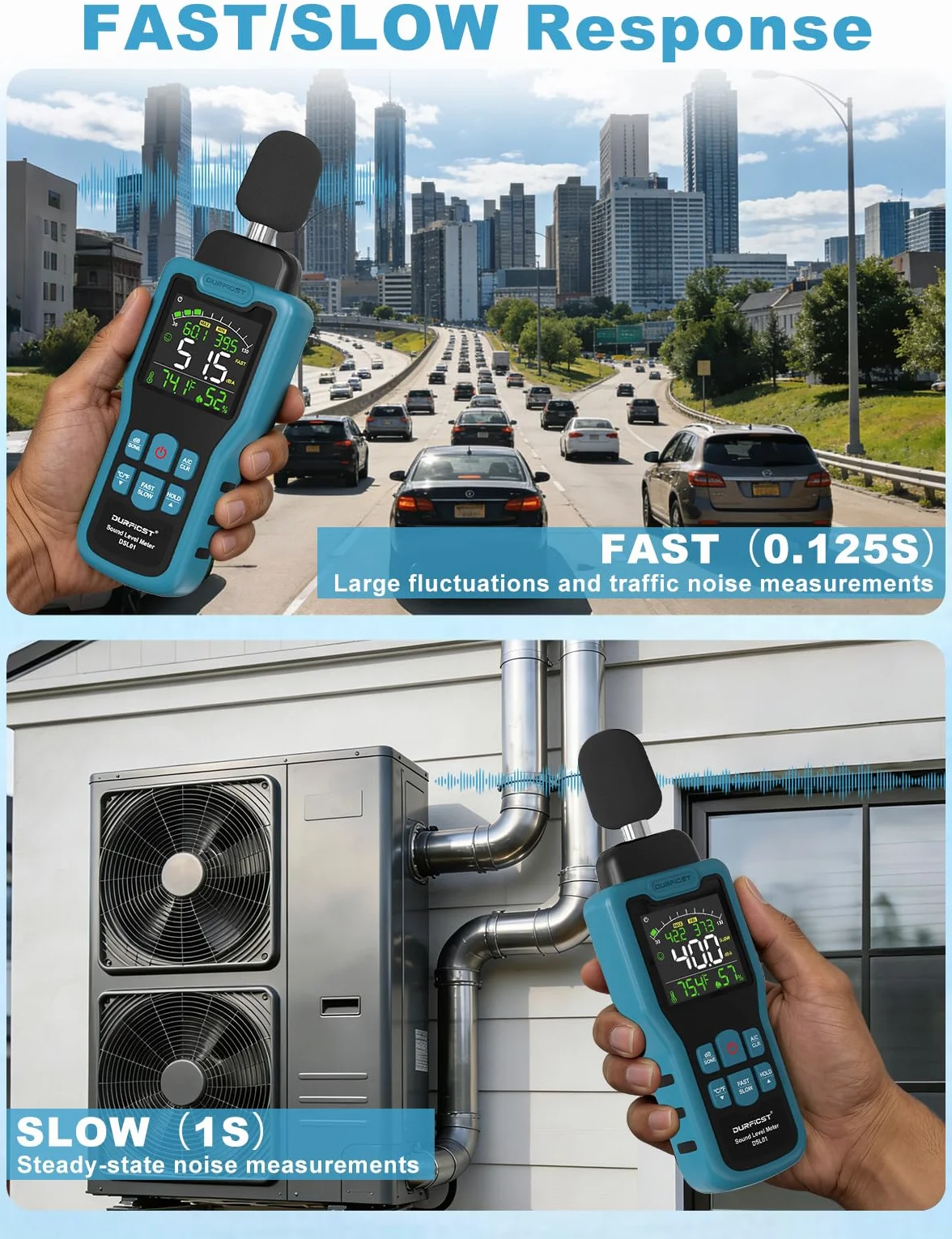 Sonomètre, DURFICST Sonometre Decibelmetre avec Mesure de la Température et de l'Humidité, Plage 30-130 dB, Décibelmètre avec Écran LCD Couleur, Pondération AC, Unité dB/SON, Réponse Rapide/Lente