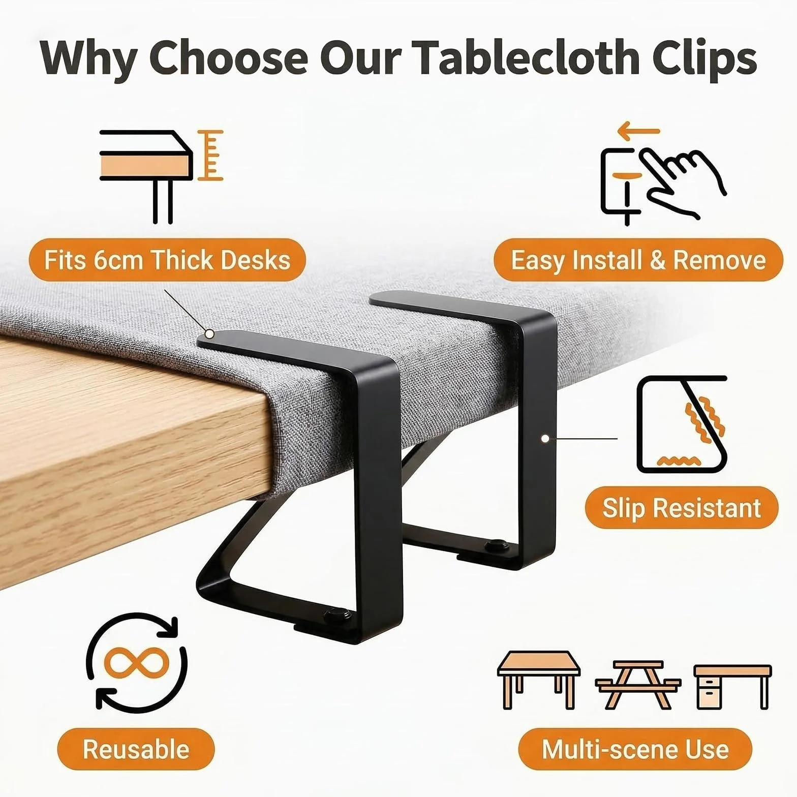 Pinces Nappe Table Acier Inoxydable 7 cm 6 pièces Noir