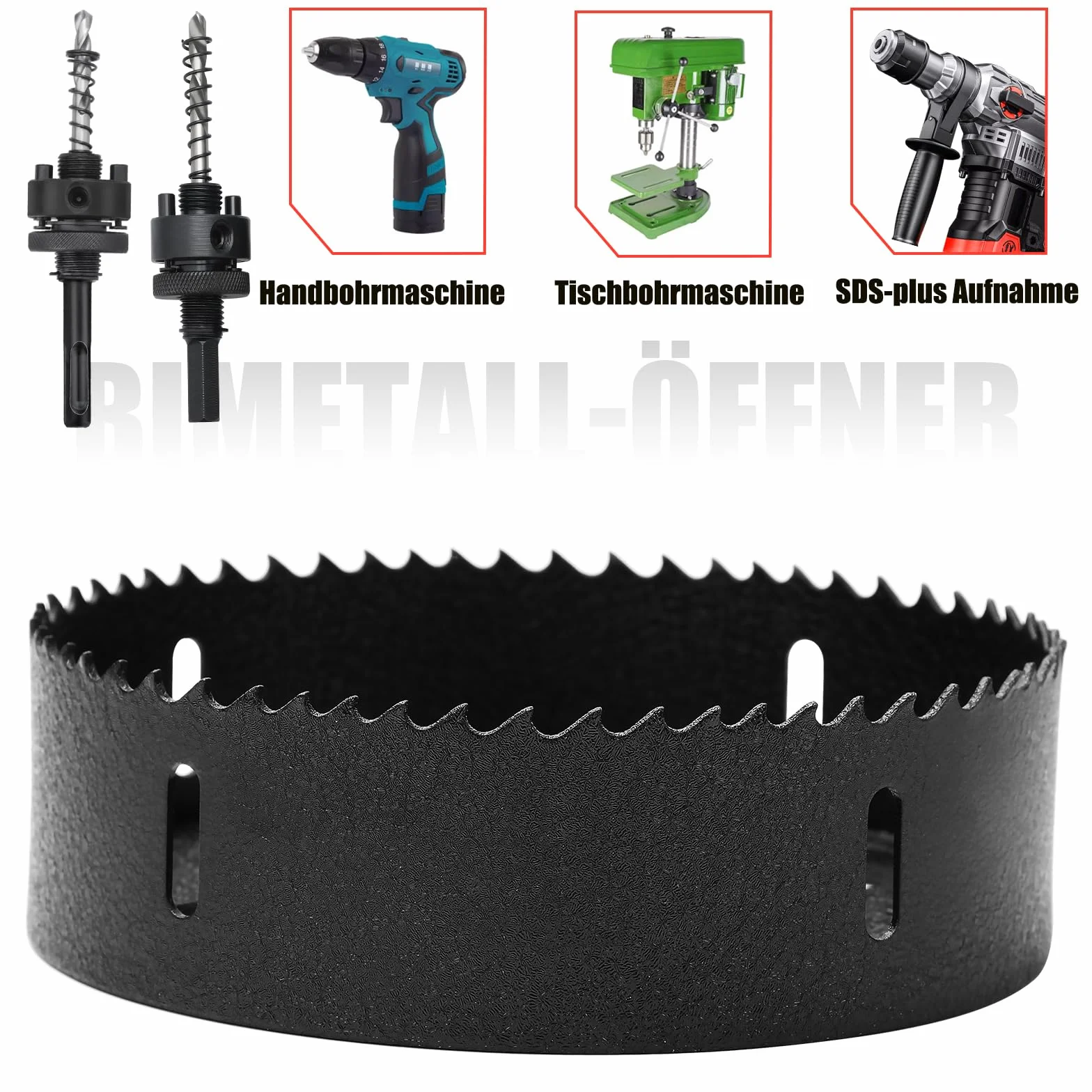 Scies cloche de 150 mm, bimétallique avec fixation SDS-plus et queue hexagonale, couronne pour bois, rigips, métaux fins, plastique
