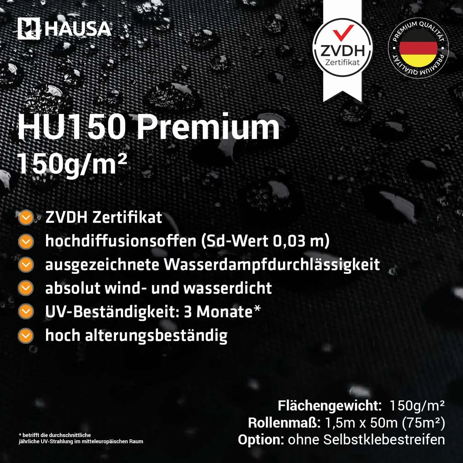 HAUSA membrane de sous-toiture Premium HU150 150g/m² 75m² (1,5mx50m) classe UDB-A/USB-A selon ZVDH, résistante à la pluie et ouverte à la diffusion, résistante aux UV, sans bande adhésive