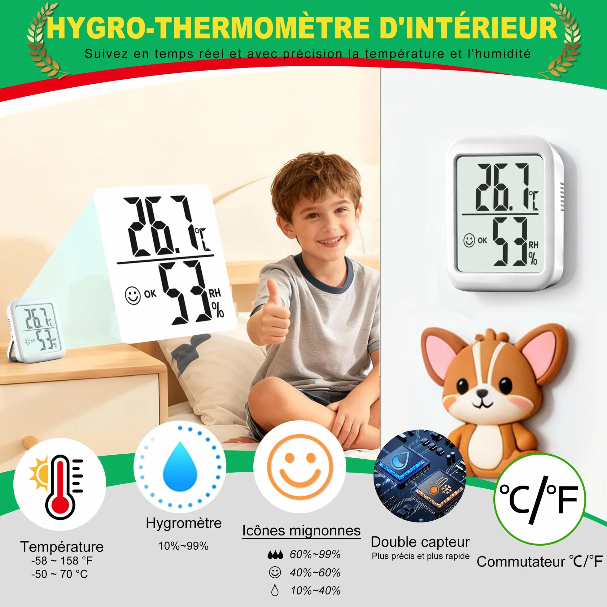 Antonki 2 Pièces Hygromètre Intérieur Thermomètre Moniteur Température Humidité pour Maison Chambre Bureau Couveuse Plantes Reptiles Batterie Incluse
