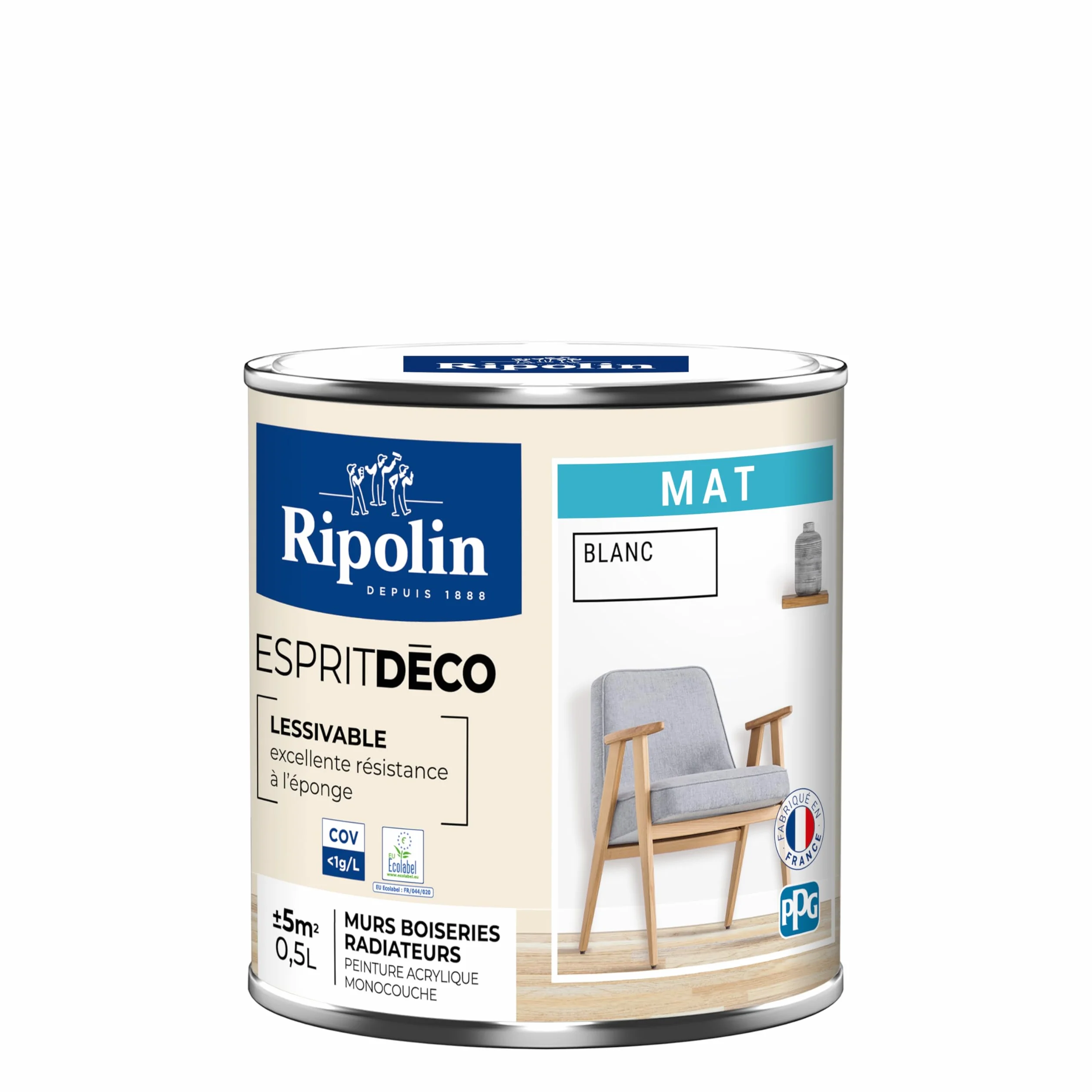 RIPOLIN - Peinture Intérieure Multi-Supports – Murs, Boiseries & Radiateurs – Ultra Couvrante – Lessivable – Application Facile – Ecolabel - Aspect Mat - 0,5L - Blanc