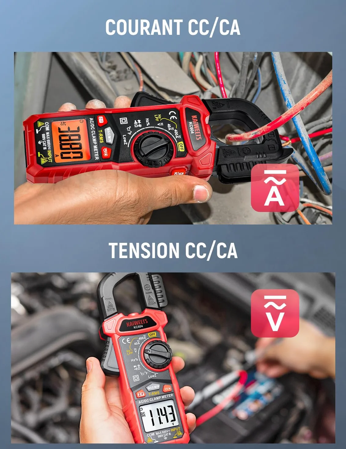 KAIWEETS Pince Ampèremètre AC/DC, Pince Multimètre Mesurer la Tension AC/DC/Courant/Température/Continuité/Diode/NCV, Pince Ampèremétrique avec Lampe de Poche, Rétro-éclairage, Mâchoire-D, KC604