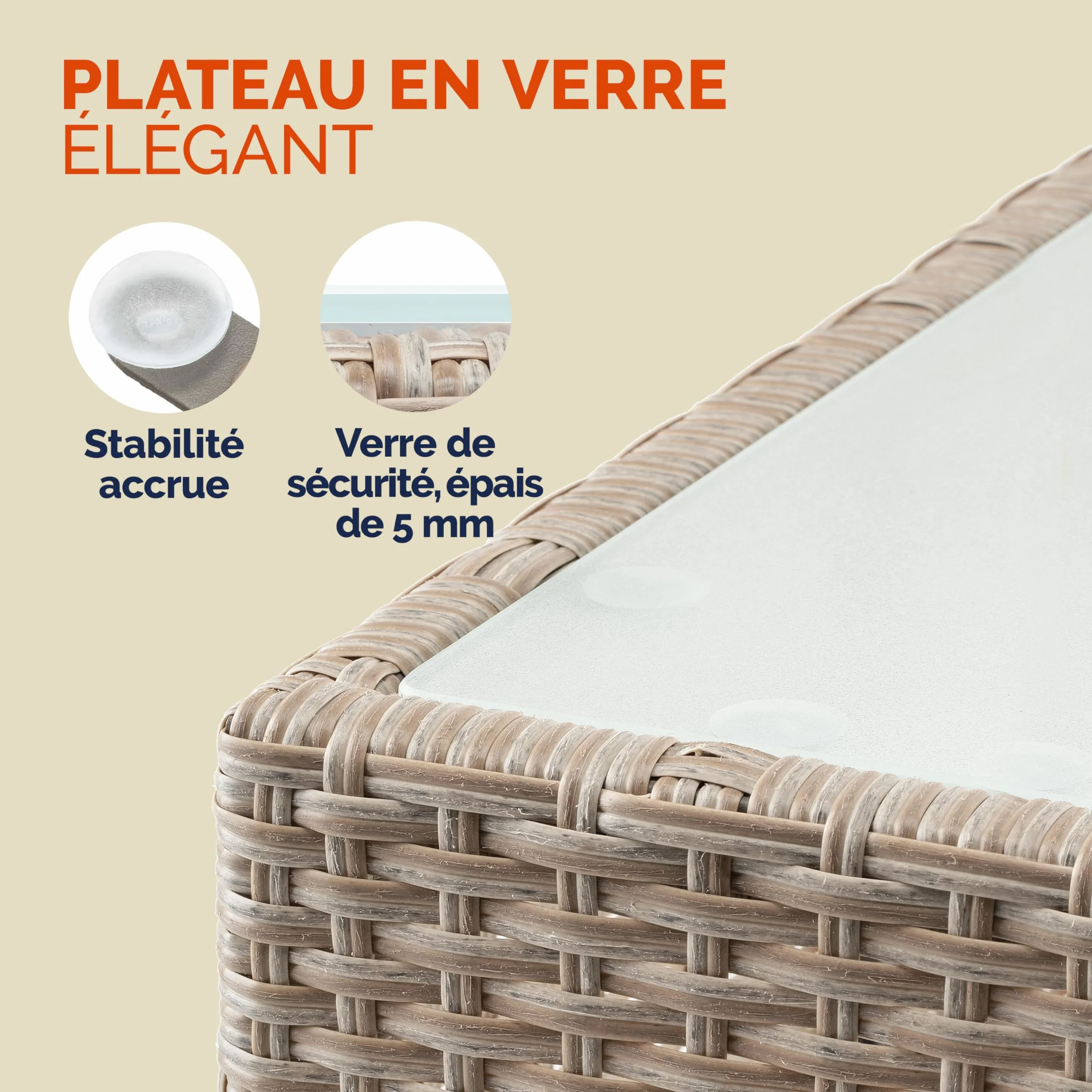 Casaria Table d'appoint en polyrotin crème 58x58x42cm Table Basse de Jardin carrée avec Plaque en Verre