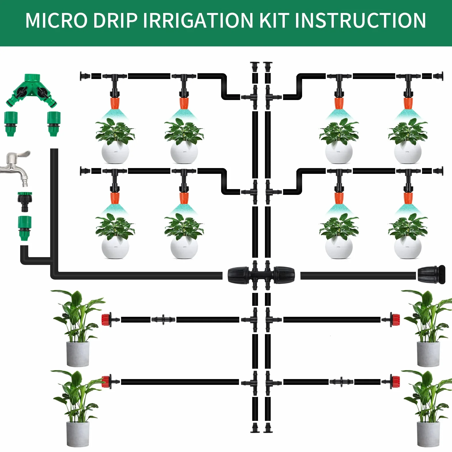 Kit d'irrigation Goutte à Goutte 340Pcs, Système d'Arrosage Automatique 55m+15m pour Jardin Pelouse Serre