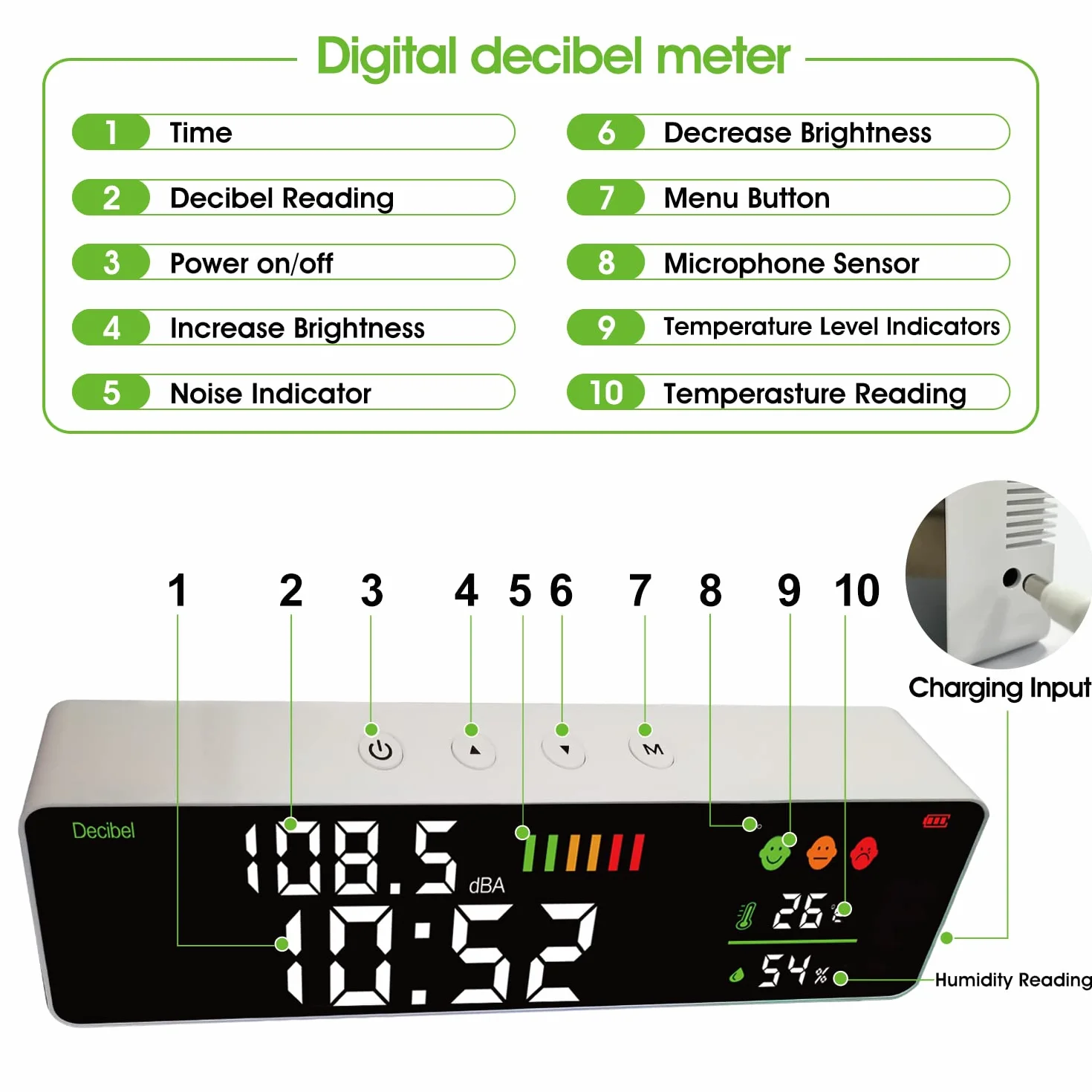 Decibelmetre, Sonomètres Tenture Murale Sonomètre 30~130dB 11 "LCD Professionnel Sonomètre Décibelmètre avec Décibel/Température(℃)/Humidité pour la maison, école