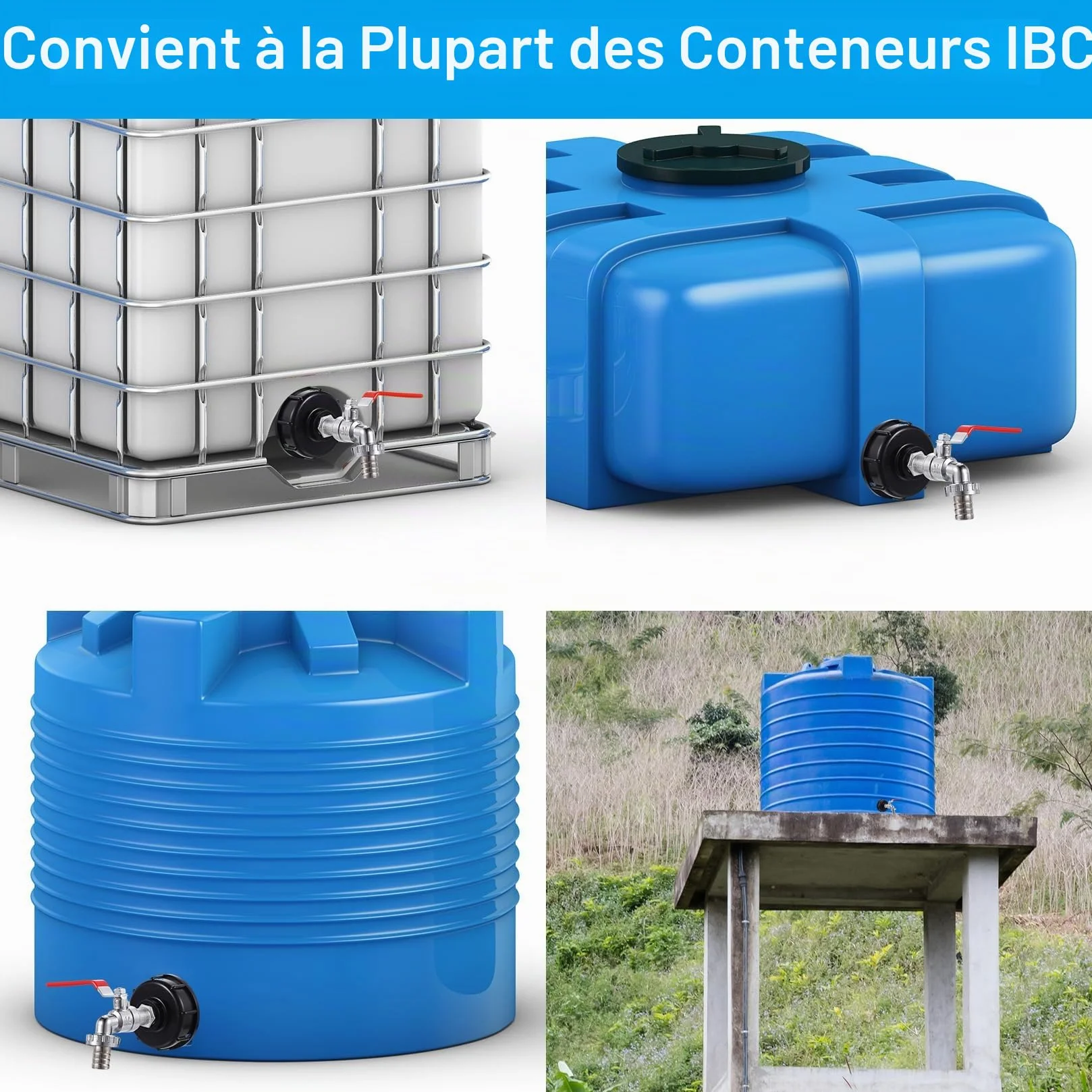 Robinet de Vidange IBC 1000L avec Adaptateur S60x6 1/2 Pouce, Robinet Antidérapant et Étanche