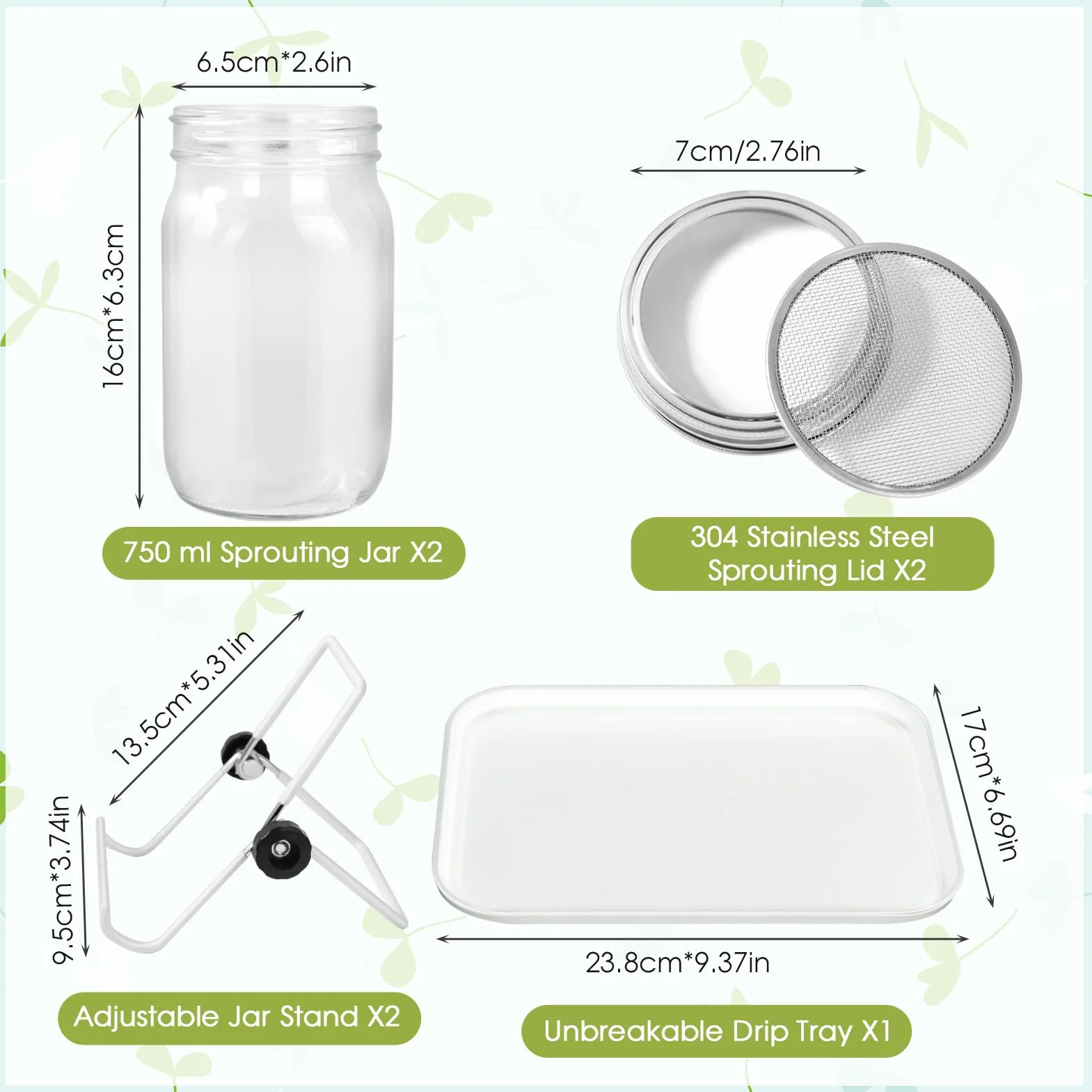 Bocal de Germination de Graines en Verre, 2 Couvercle Grille Acier Inoxydable, Kit Germoir