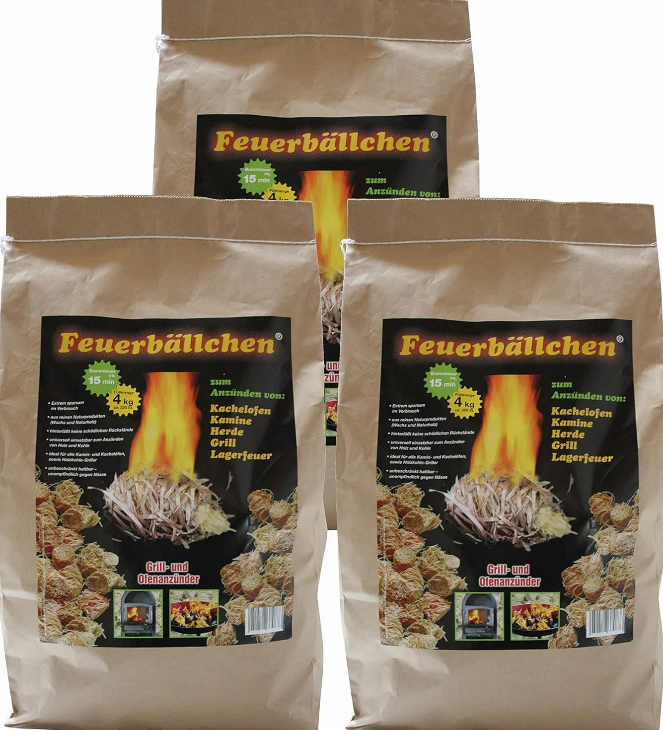 RaiffeisenWaren Lot de 3 sachets de 4 kg de boules de feu, allume-feu de cheminée, laine écologique pour charbon de bois