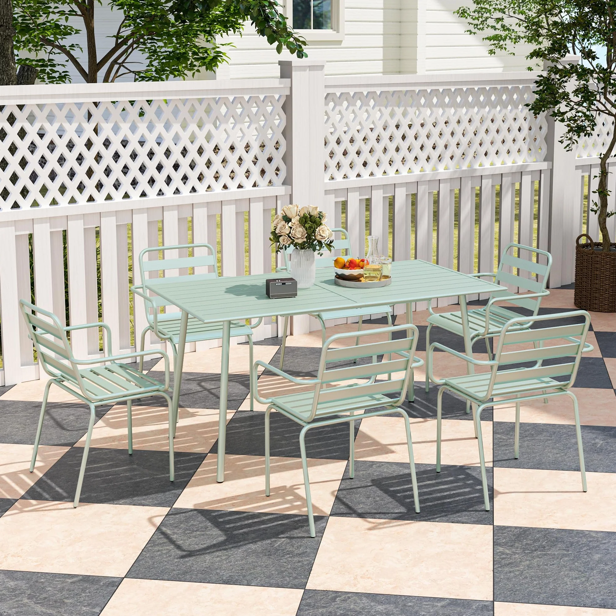 Outsunny Salon de Jardin 7 pièces Table et Chaises empilables Acier Vert Clair