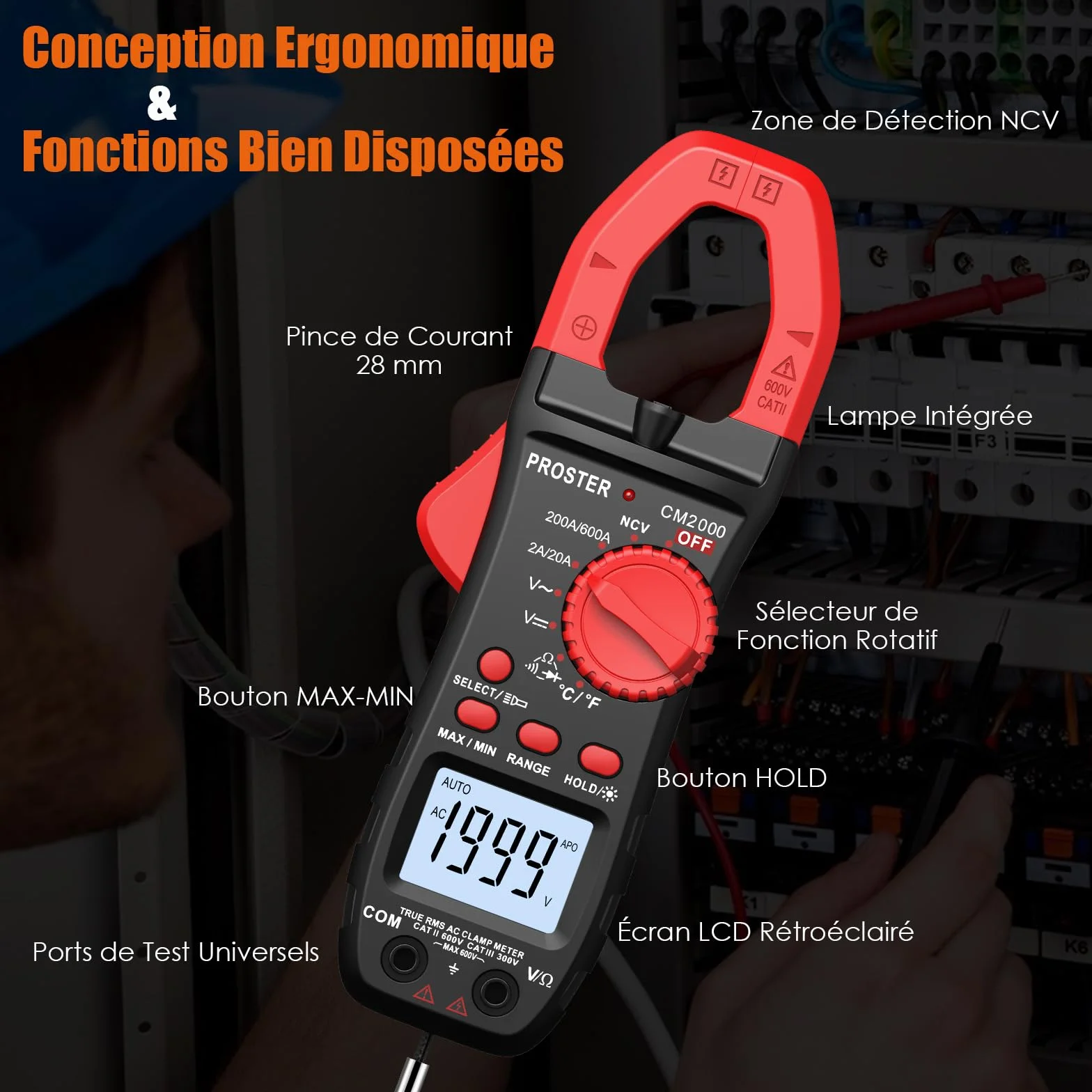 Proster 600A Pince Ampèremétrique Numérique NCV, 2000count Multimetre Professionnel TRMS Pince Multimètre Courant AC Tension AC/DC NCV Continuité Résistance Température Diode Hz