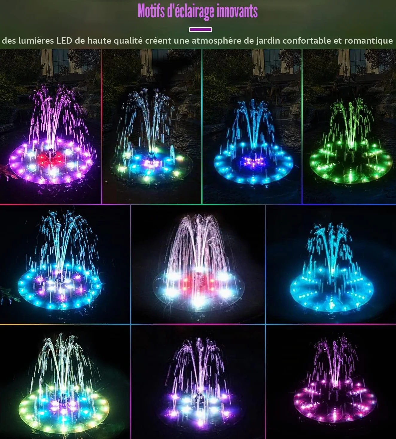 Fontaine Solaire 60 LEDs Colorée 2026 Upgraded Solaire Flottant Extérieur Pompe Bassin avec 8 Buses pour Bain d'oiseaux, Étang, Jardin