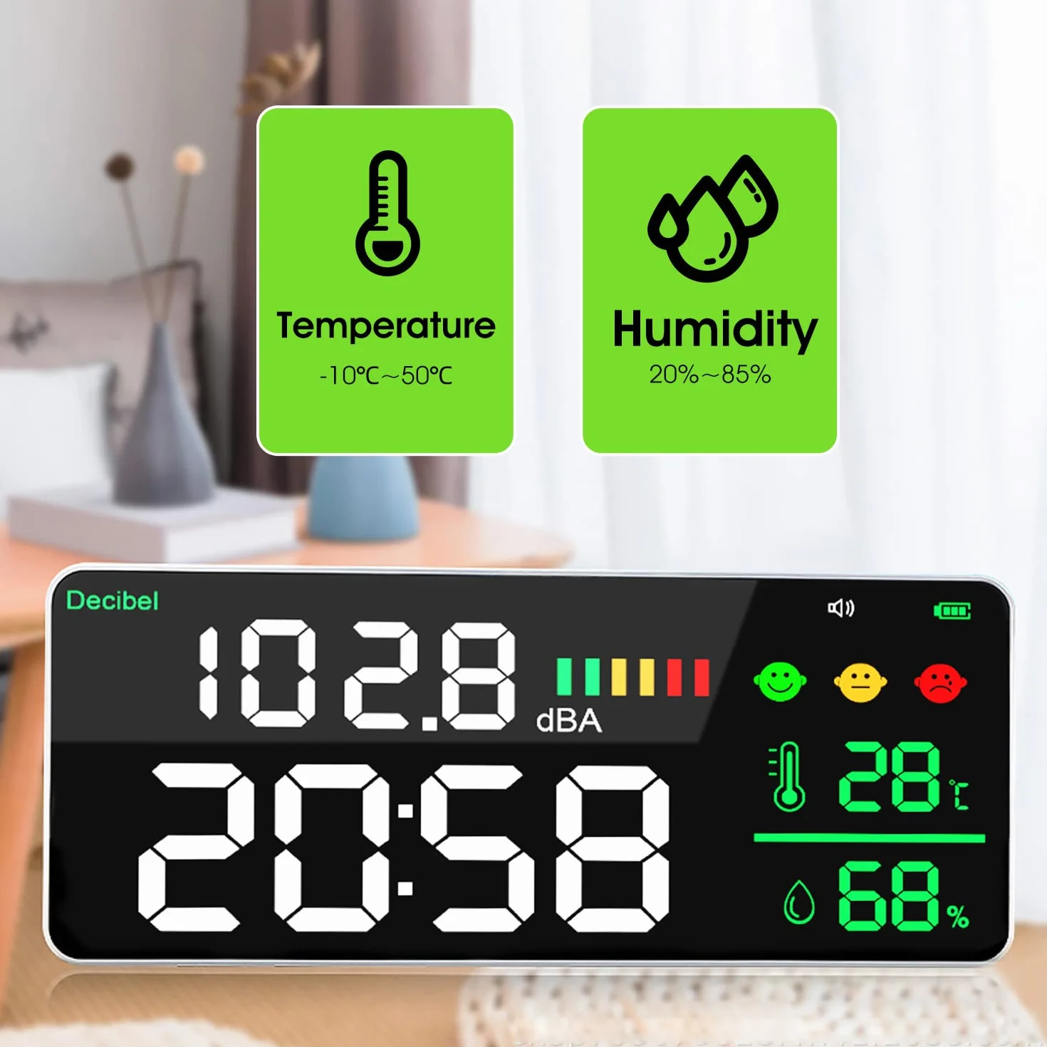 Decibelmetre, Sonomètres Tenture Murale Sonomètre 30~130dB 11 "LCD Professionnel Sonomètre Décibelmètre avec Décibel/Température(℃)/Humidité pour la maison, école