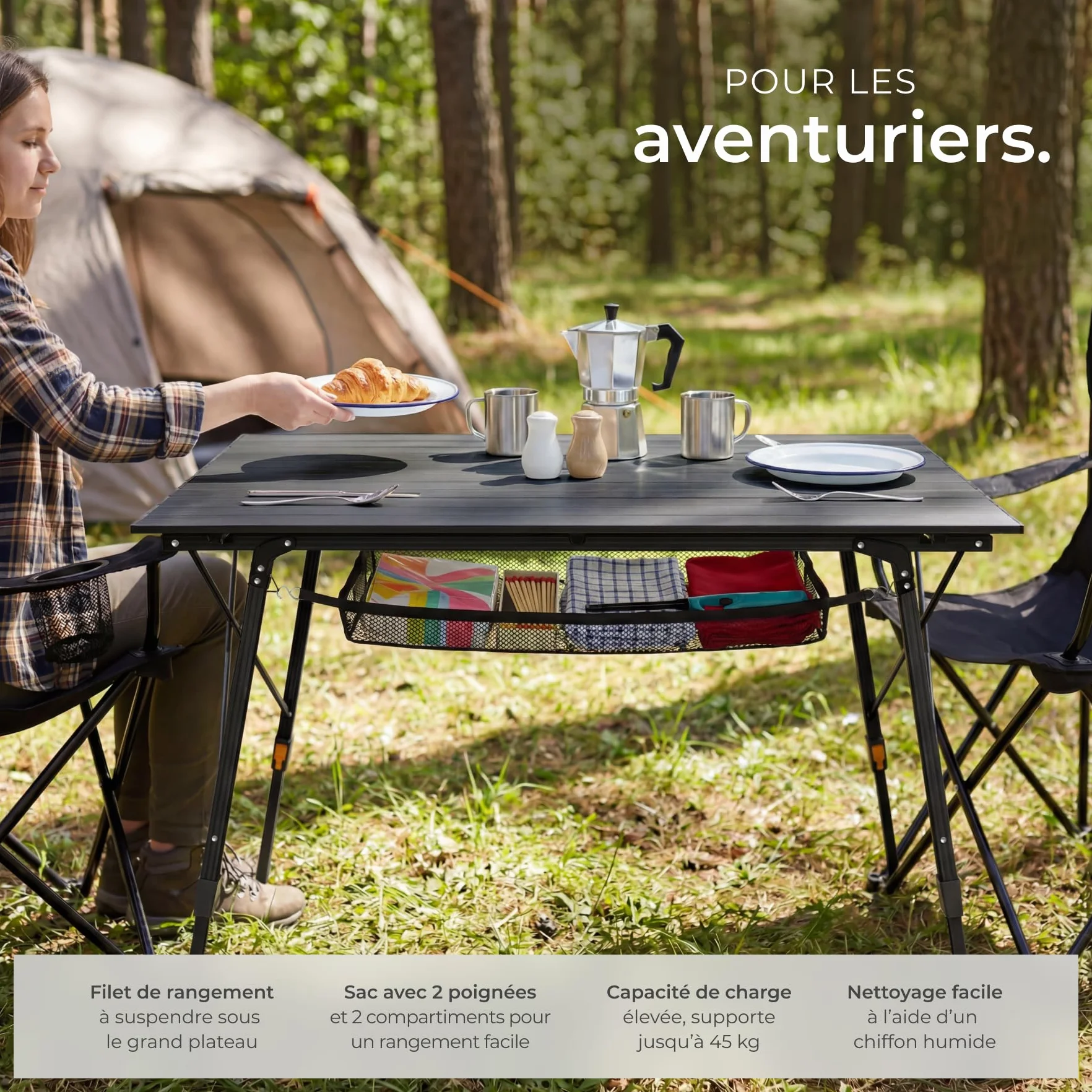 Tectake Table Pliante Aluminium 120x70,5x58-79 cm Réglable Hauteur Camping Pliable Noir