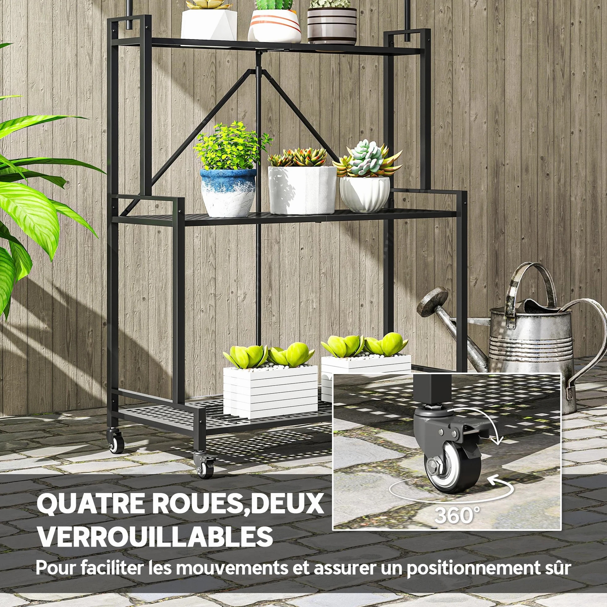 Outsunny Étagère à Fleurs Pliable Métal 3 Niveaux avec Roulettes et 4 Crochets Intérieur Extérieur Noir
